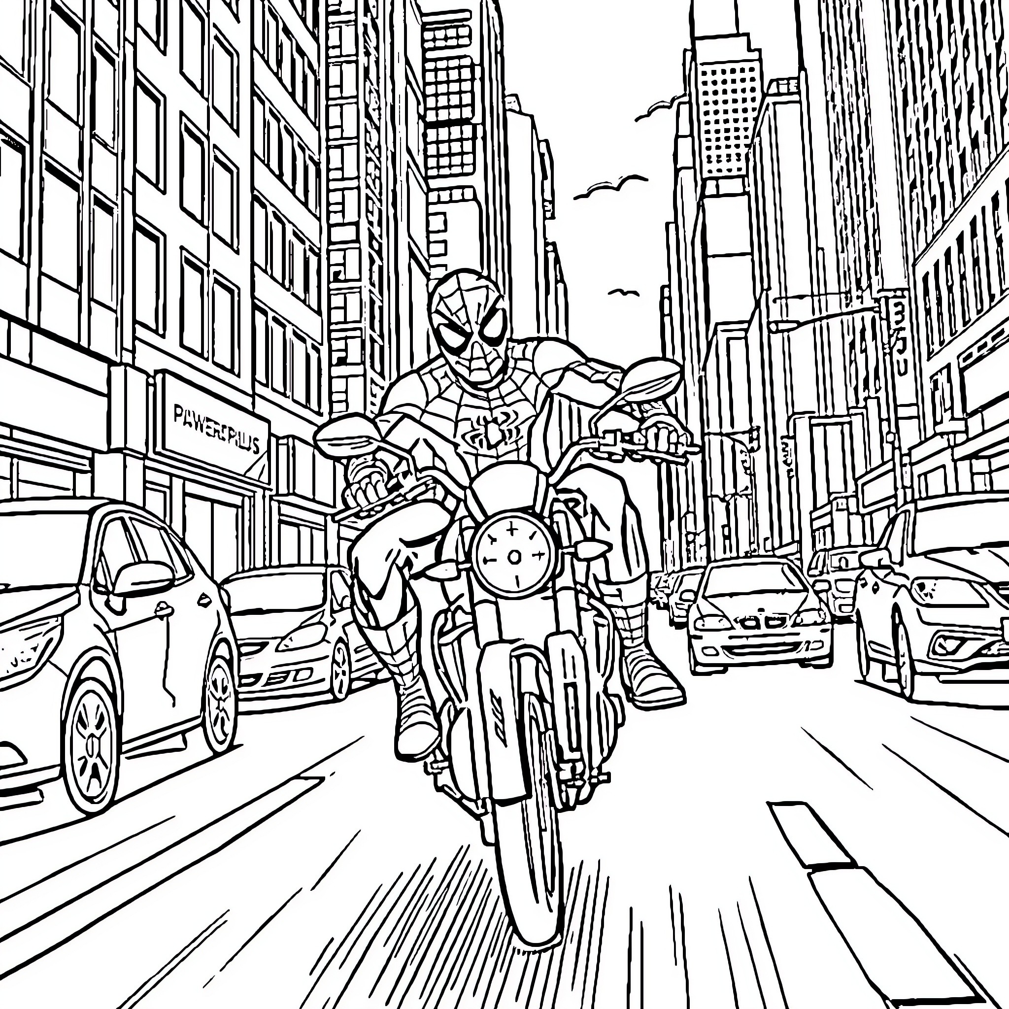 Spiderman swinging through the bustling city streets Coloring Page (free black-and-white line drawing printable PDF for all, from beginners to advanced learners, including children, teens, adults, and seniors)