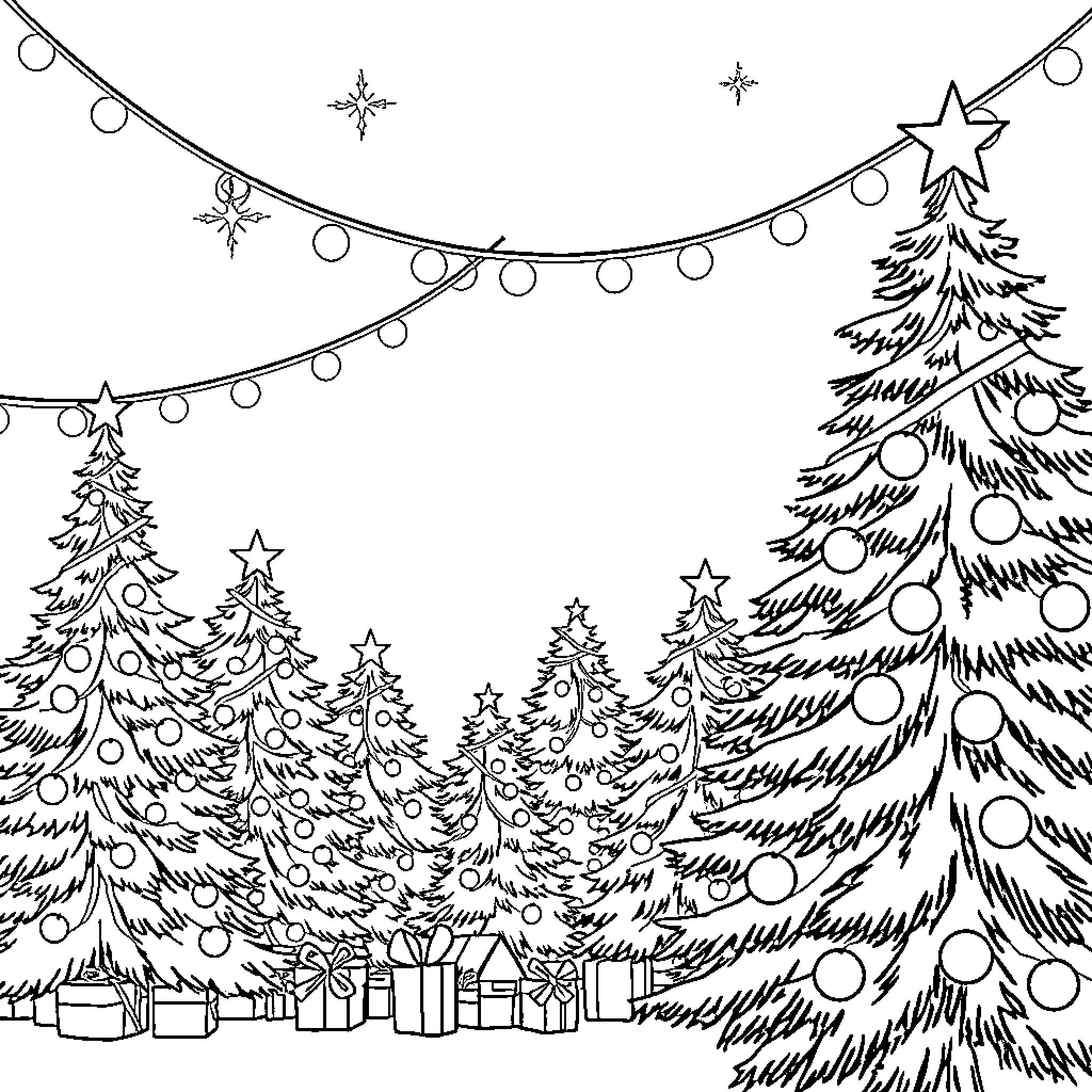 Christmas scene with snowy pine trees and fairy lights Coloring Page (free black-and-white line drawing printable PDF for all, from beginners to advanced learners, including children, teens, adults, and seniors)