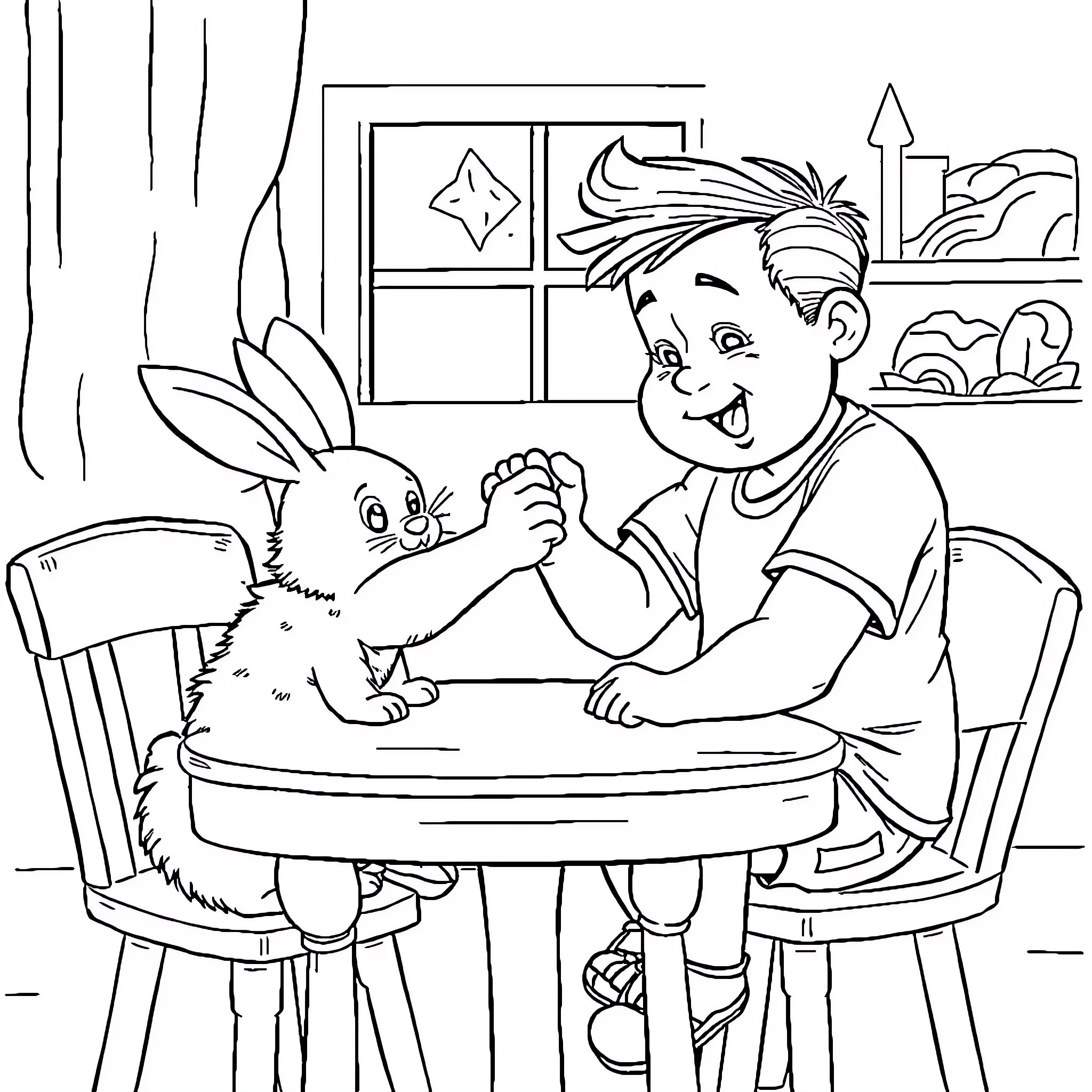 Arm Wrestling with a Playful Rabbit Coloring Page (free black-and-white line drawing printable PDF for all, from beginners to advanced learners, including children, teens, adults, and seniors)