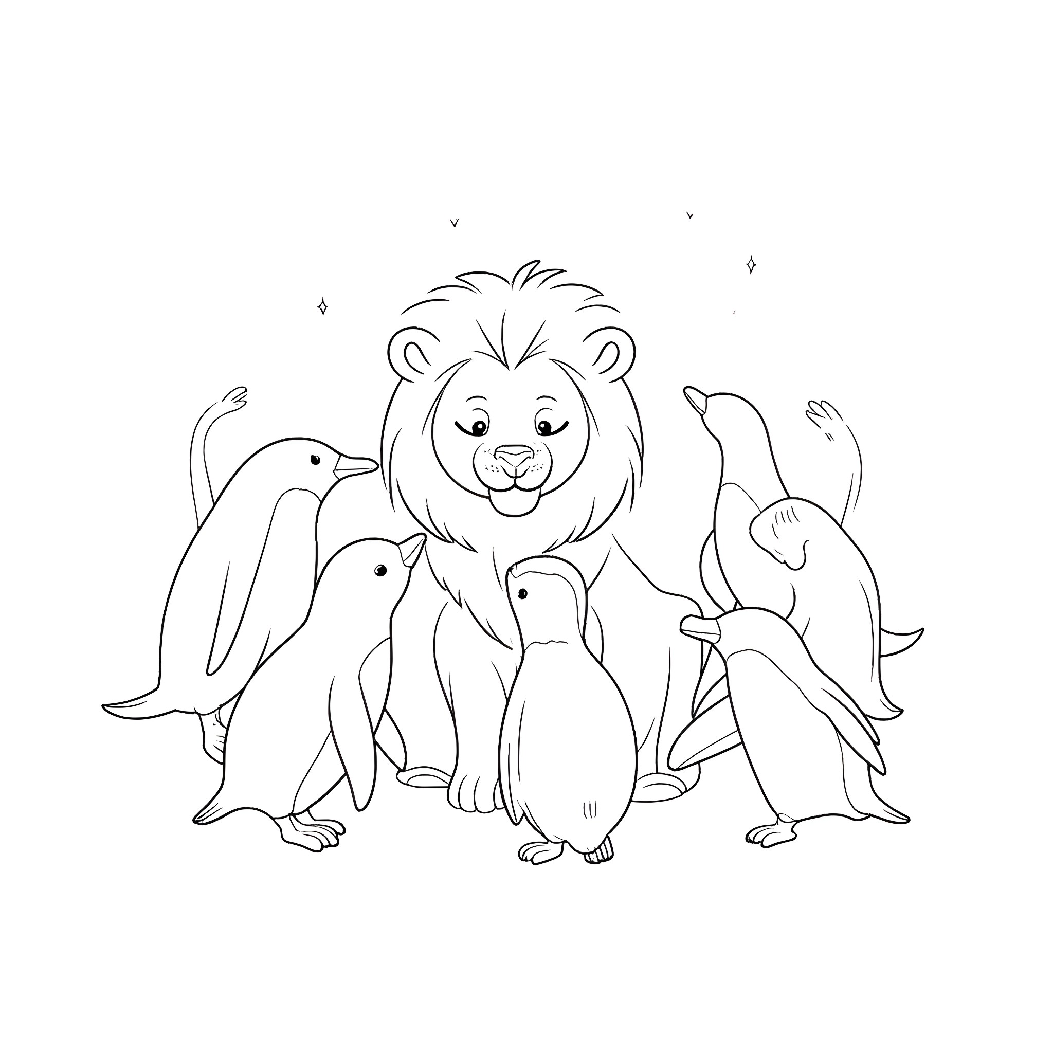Penguin and lion enjoying the company of friends Coloring Page (free black-and-white line drawing printable PDF for all, from beginners to advanced learners, including children, teens, adults, and seniors)
