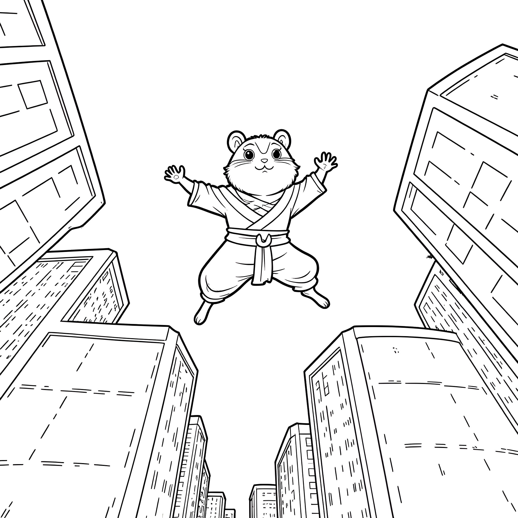 Hamster leaping through the cityscape Coloring Page (free black-and-white line drawing printable PDF for all, from beginners to advanced learners, including children, teens, adults, and seniors)
