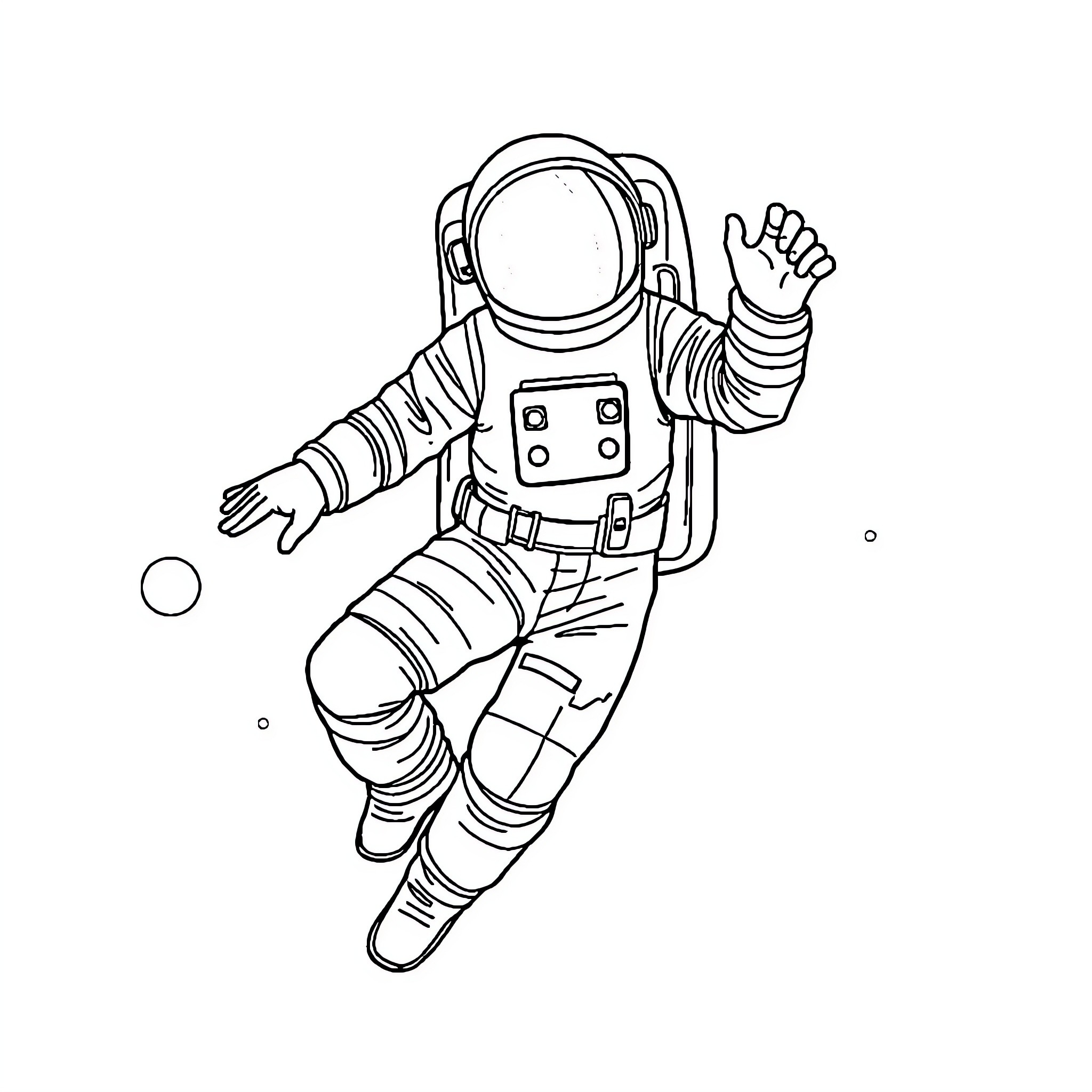 Astronaut waving in outer space Coloring Page (free black-and-white line drawing printable PDF for all, from beginners to advanced learners, including children, teens, adults, and seniors)