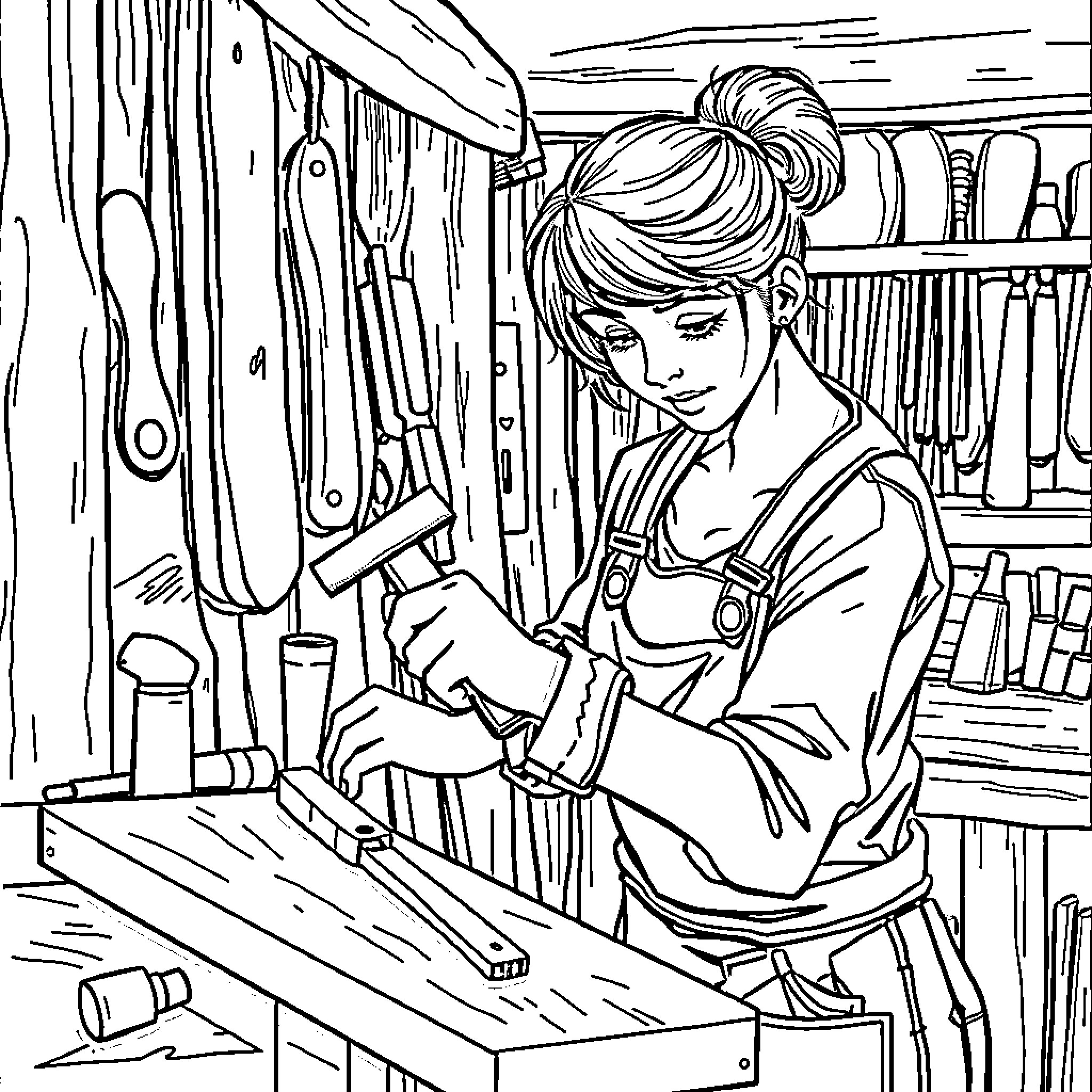 Sabrina Carpenter working diligently in her workshop Coloring Page (free black-and-white line drawing printable PDF for all, from beginners to advanced learners, including children, teens, adults, and seniors)