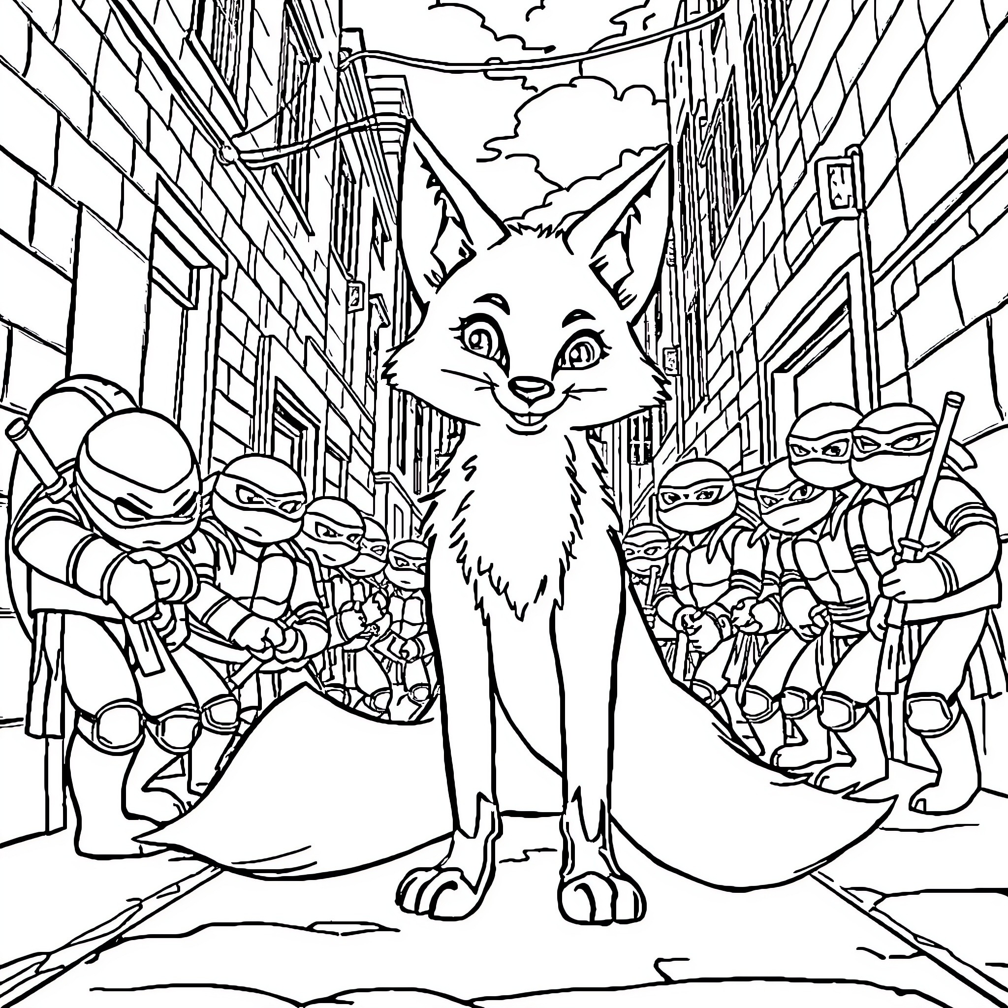 Fox exploring the bustling city streets Coloring Page (free black-and-white line drawing printable PDF for all, from beginners to advanced learners, including children, teens, adults, and seniors)