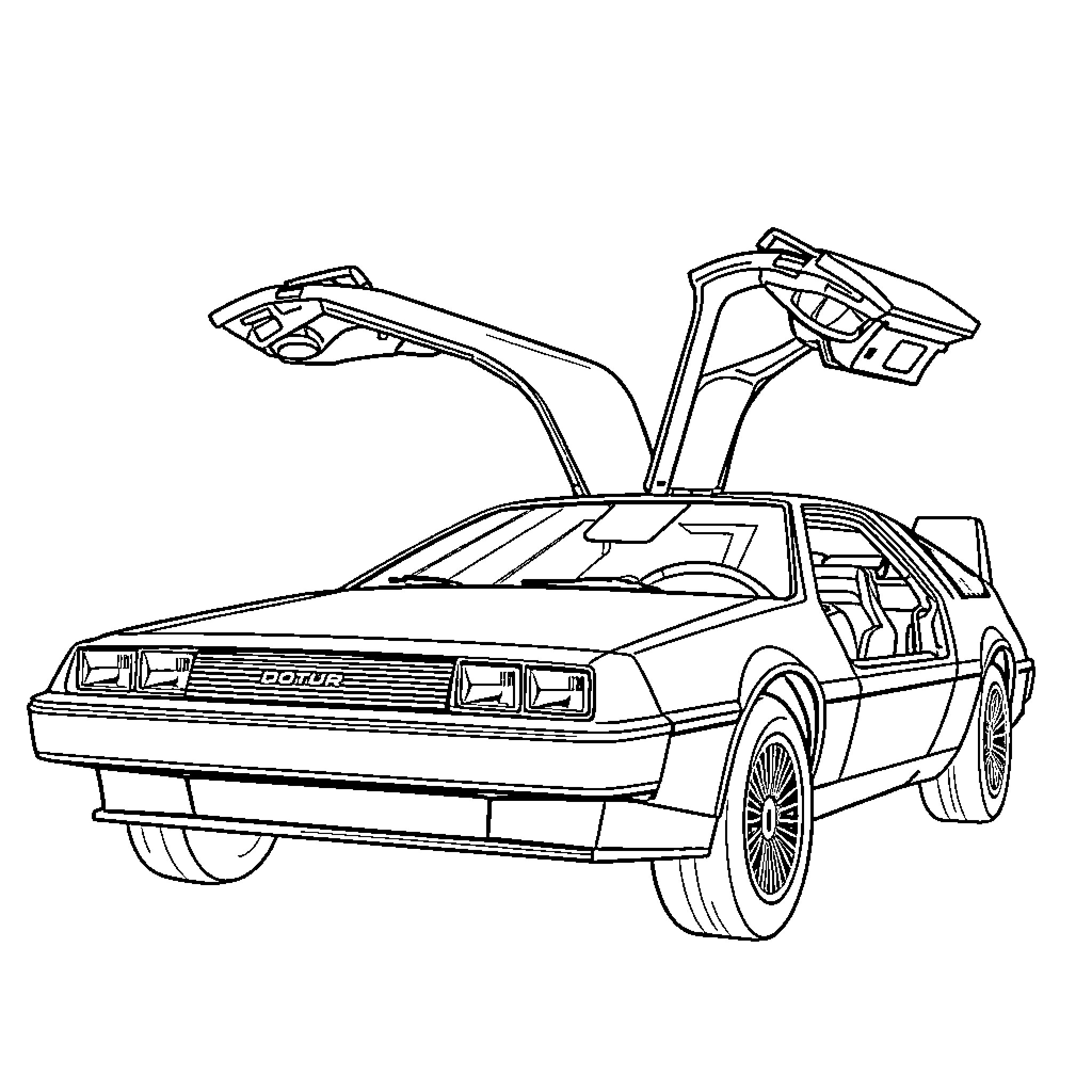 DeLorean time machine with gull-wing doors Coloring Page (free black-and-white line drawing printable PDF for all, from beginners to advanced learners, including children, teens, adults, and seniors)