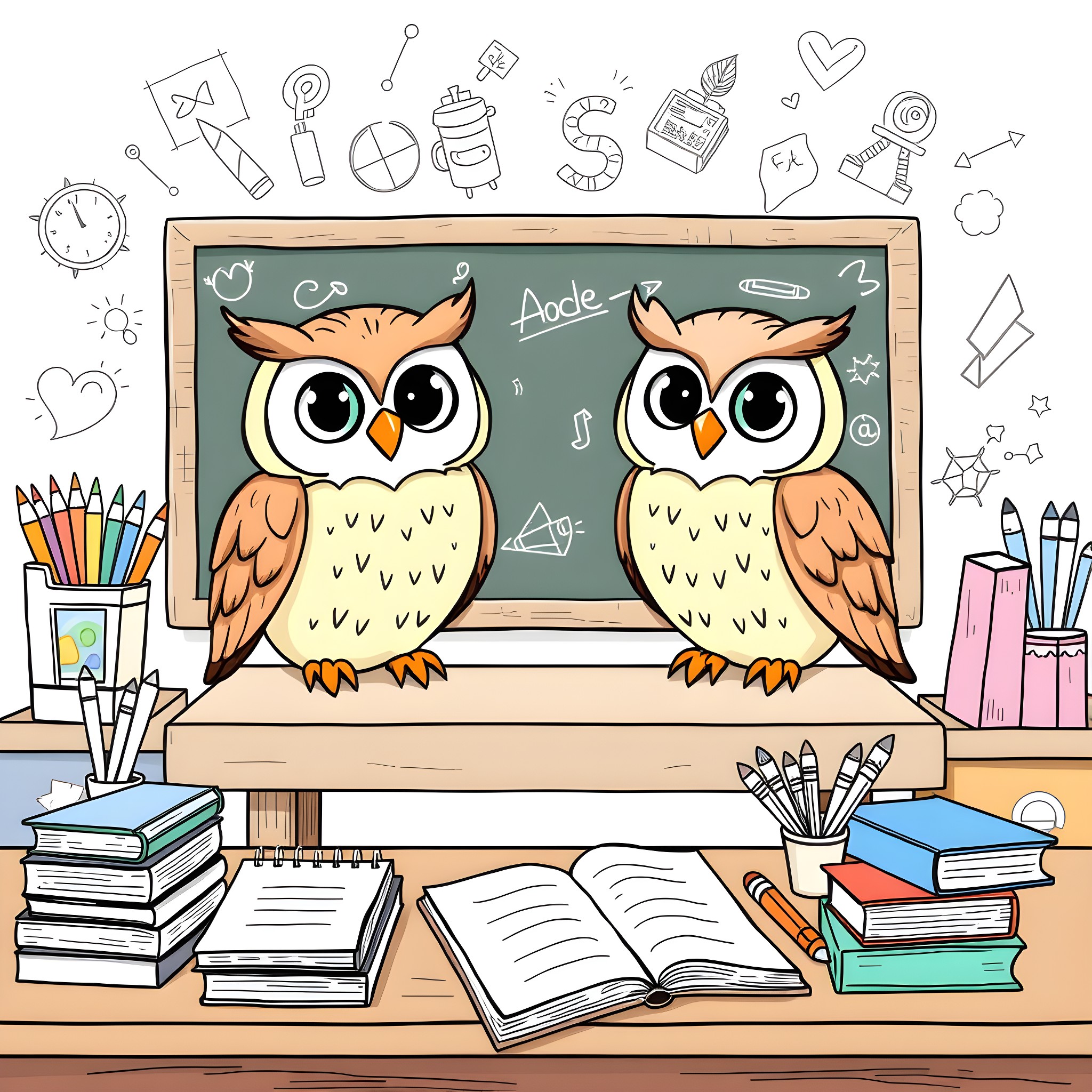Owl Teachers Explaining at Classroom Chalkboard Coloring Page (free black-and-white line drawing printable PDF for all, from beginners to advanced learners, including children, teens, adults, and seniors)