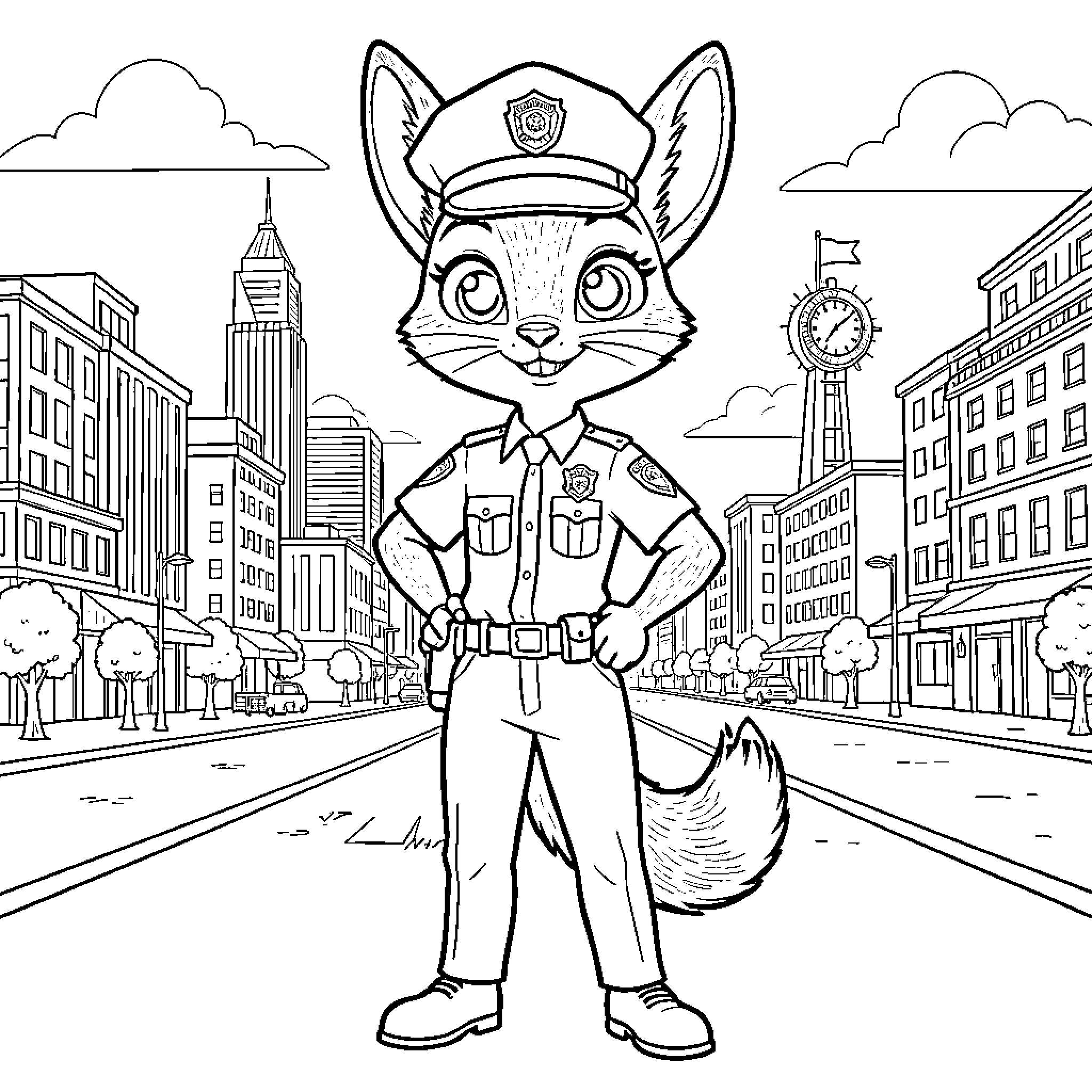 Judy Hopps the Police Officer in the City Coloring Page (free black-and-white line drawing printable PDF for all, from beginners to advanced learners, including children, teens, adults, and seniors)