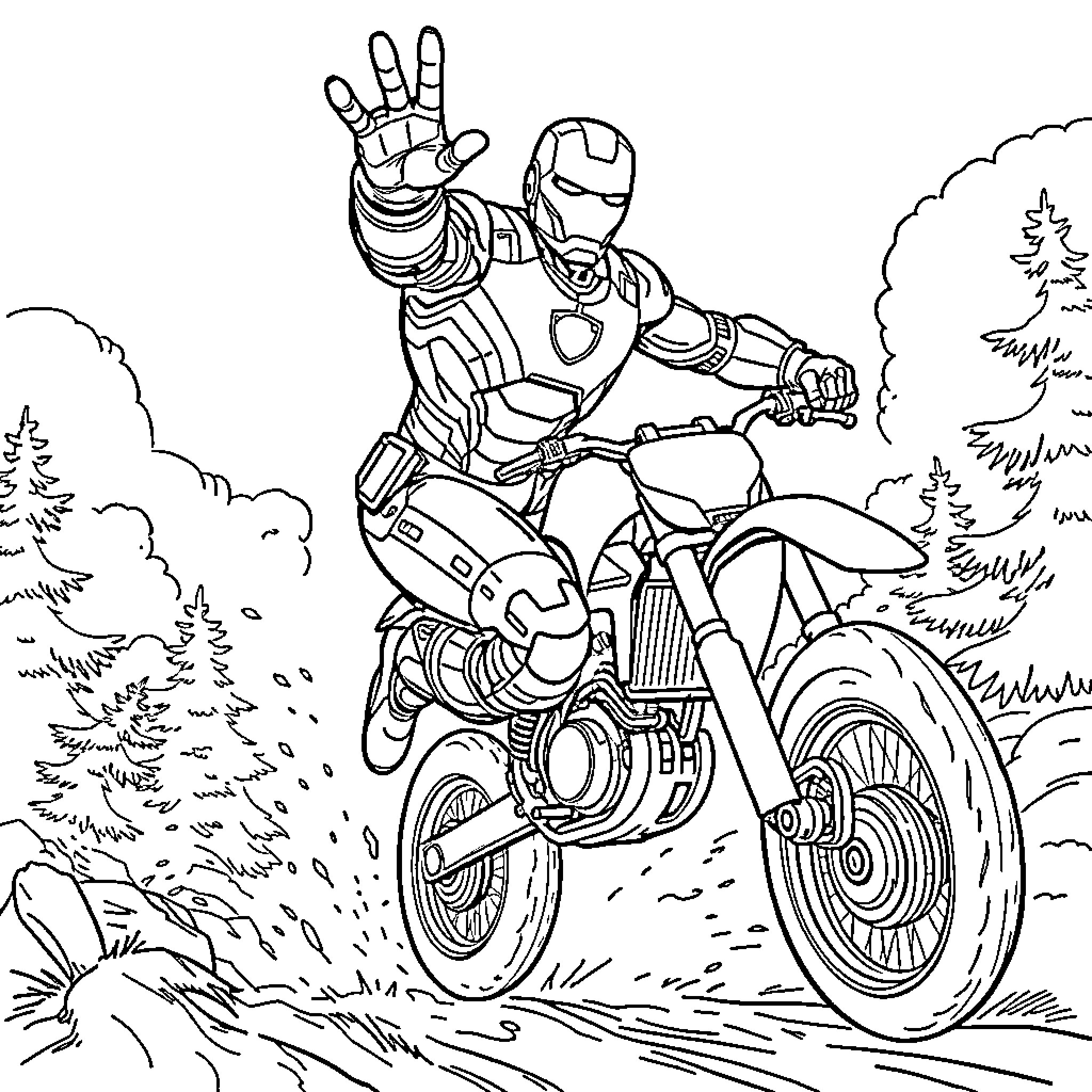 Ironman riding his motorcycle through the forest Coloring Page (free black-and-white line drawing printable PDF for all, from beginners to advanced learners, including children, teens, adults, and seniors)