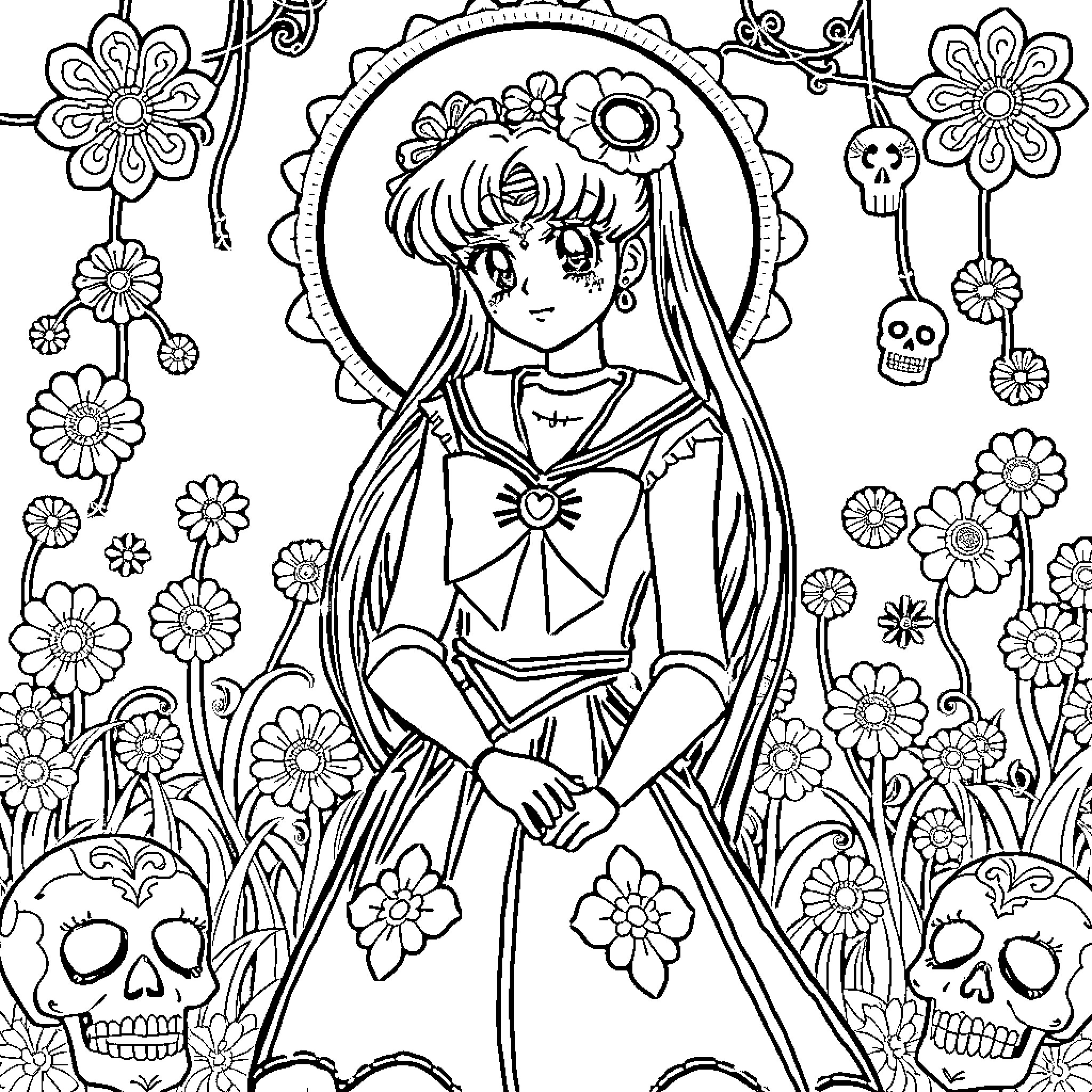 Sailor Moon in Floral Wonderland Coloring Page (free black-and-white line drawing printable PDF for all, from beginners to advanced learners, including children, teens, adults, and seniors)