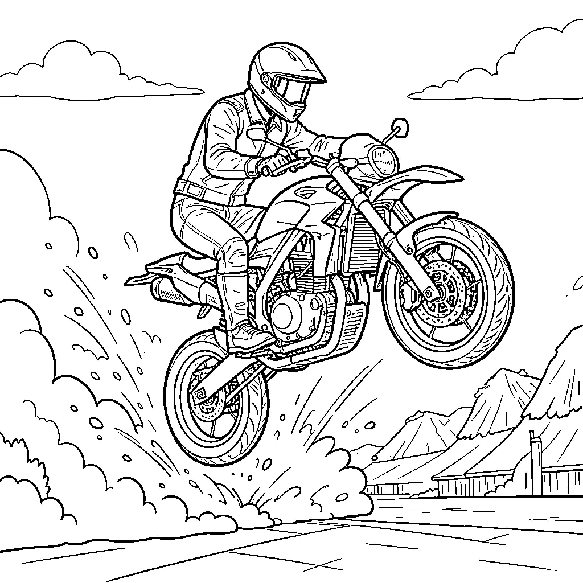 Motorcycle rider performing a stunt with dust clouds Coloring Page (free black-and-white line drawing printable PDF for all, from beginners to advanced learners, including children, teens, adults, and seniors)