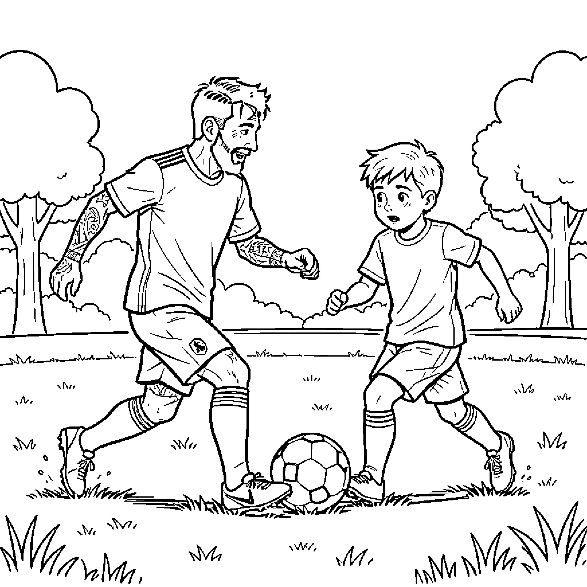 Soccer player training a young child in a field Coloring Page (free black-and-white line drawing printable PDF for all, from beginners to advanced learners, including children, teens, adults, and seniors)