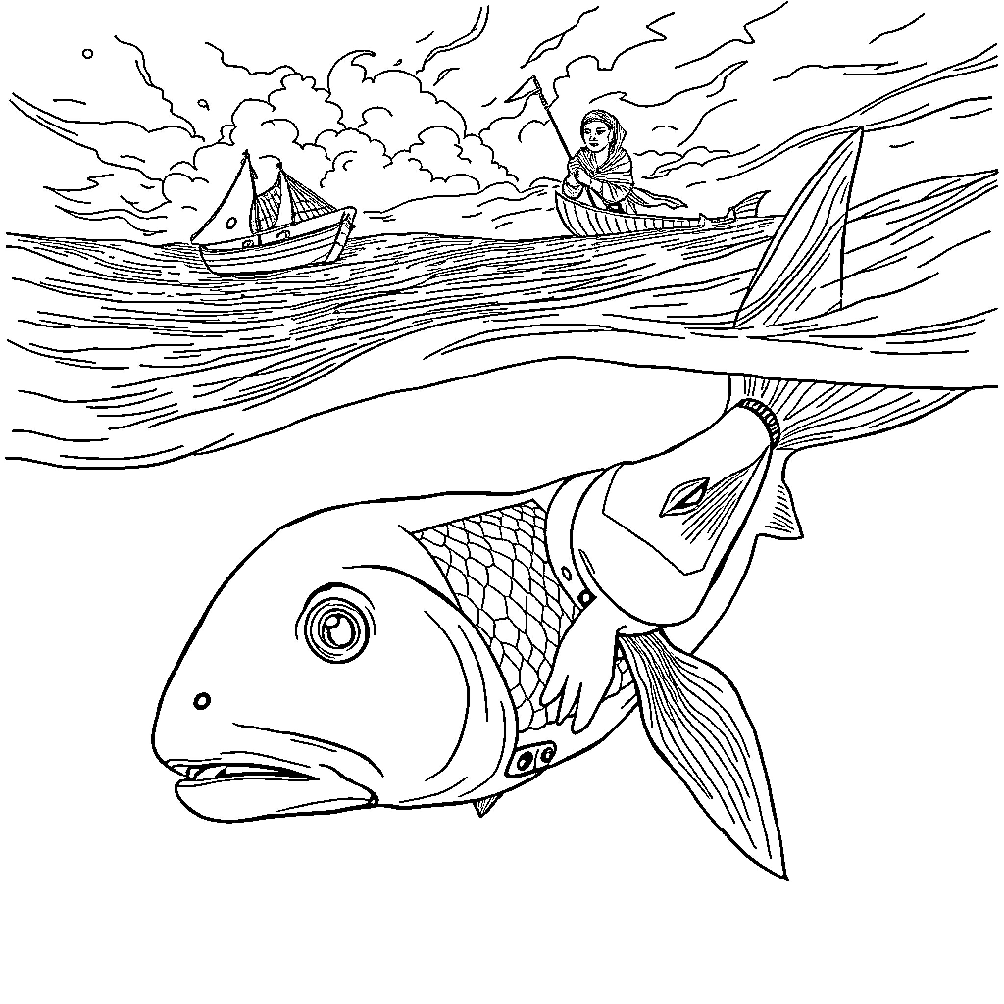 Yunus sailing amidst waves and sea creatures Coloring Page (free black-and-white line drawing printable PDF for all, from beginners to advanced learners, including children, teens, adults, and seniors)