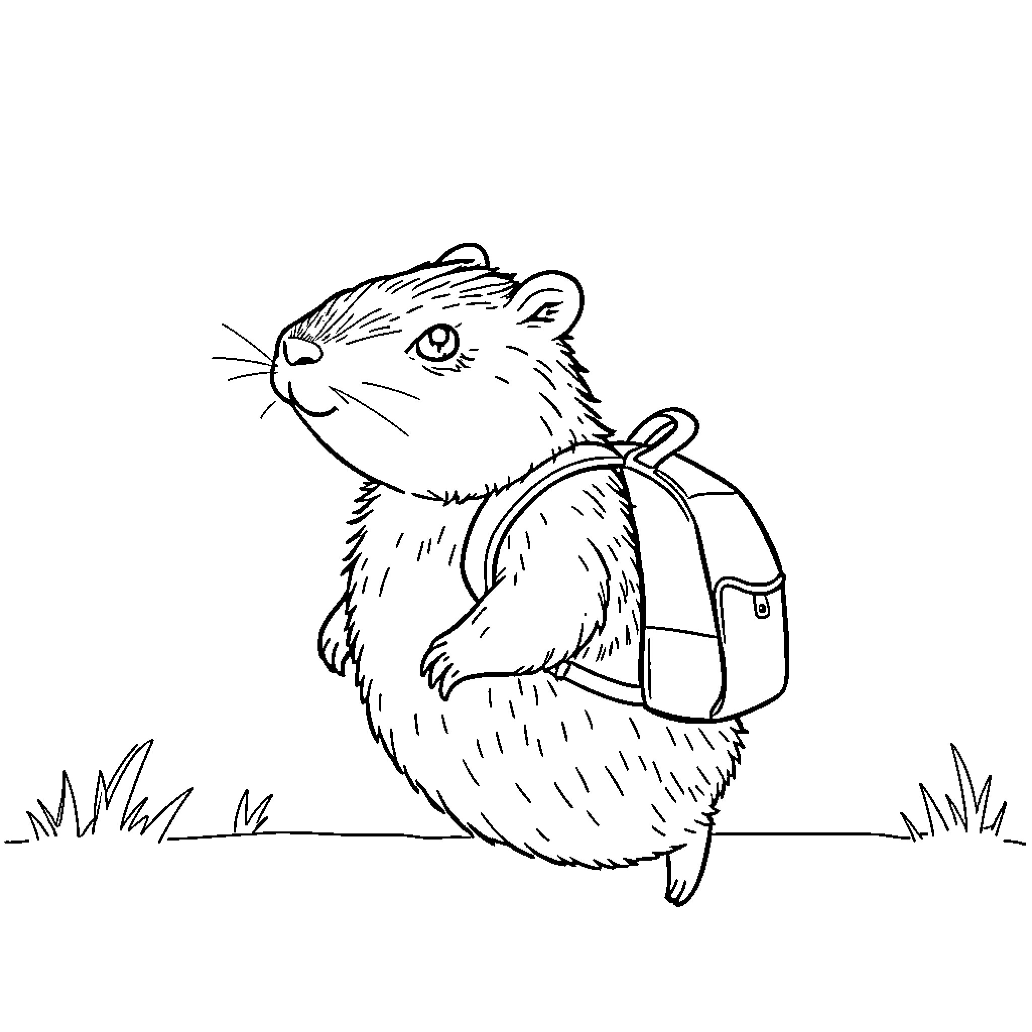 Capybara backpacking through the wilderness Coloring Page (free black-and-white line drawing printable PDF for all, from beginners to advanced learners, including children, teens, adults, and seniors)