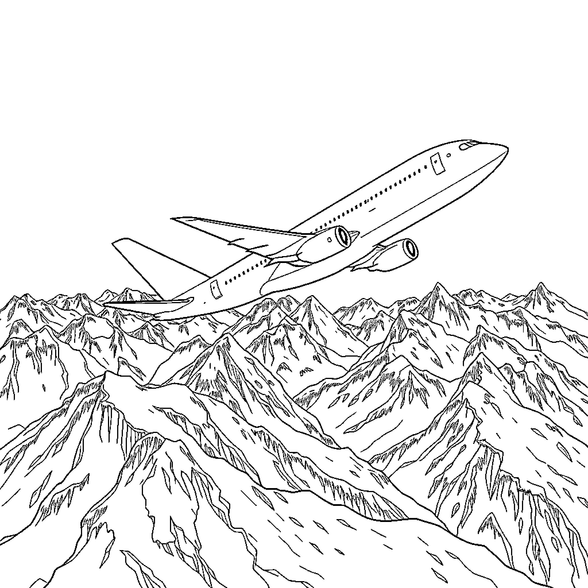 Plane soaring above majestic mountain ranges Coloring Page (free black-and-white line drawing printable PDF for all, from beginners to advanced learners, including children, teens, adults, and seniors)