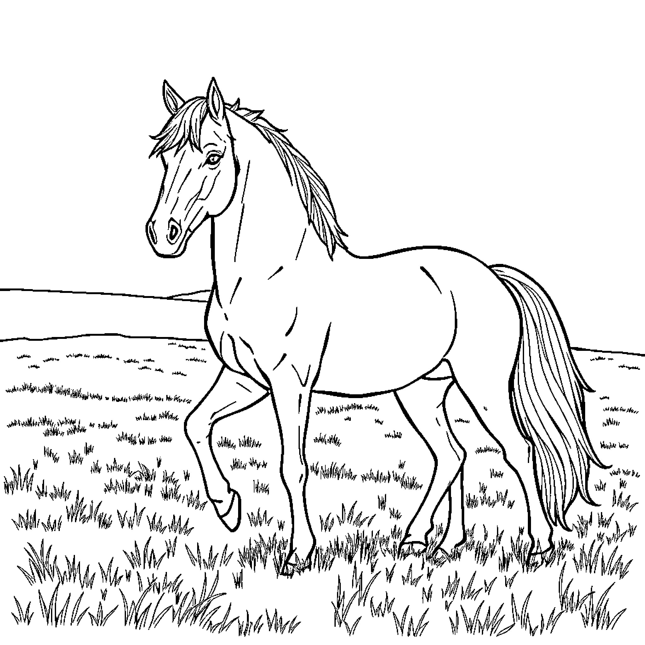 Horse standing in a grassy field Coloring Page (free black-and-white line drawing printable PDF for all, from beginners to advanced learners, including children, teens, adults, and seniors)