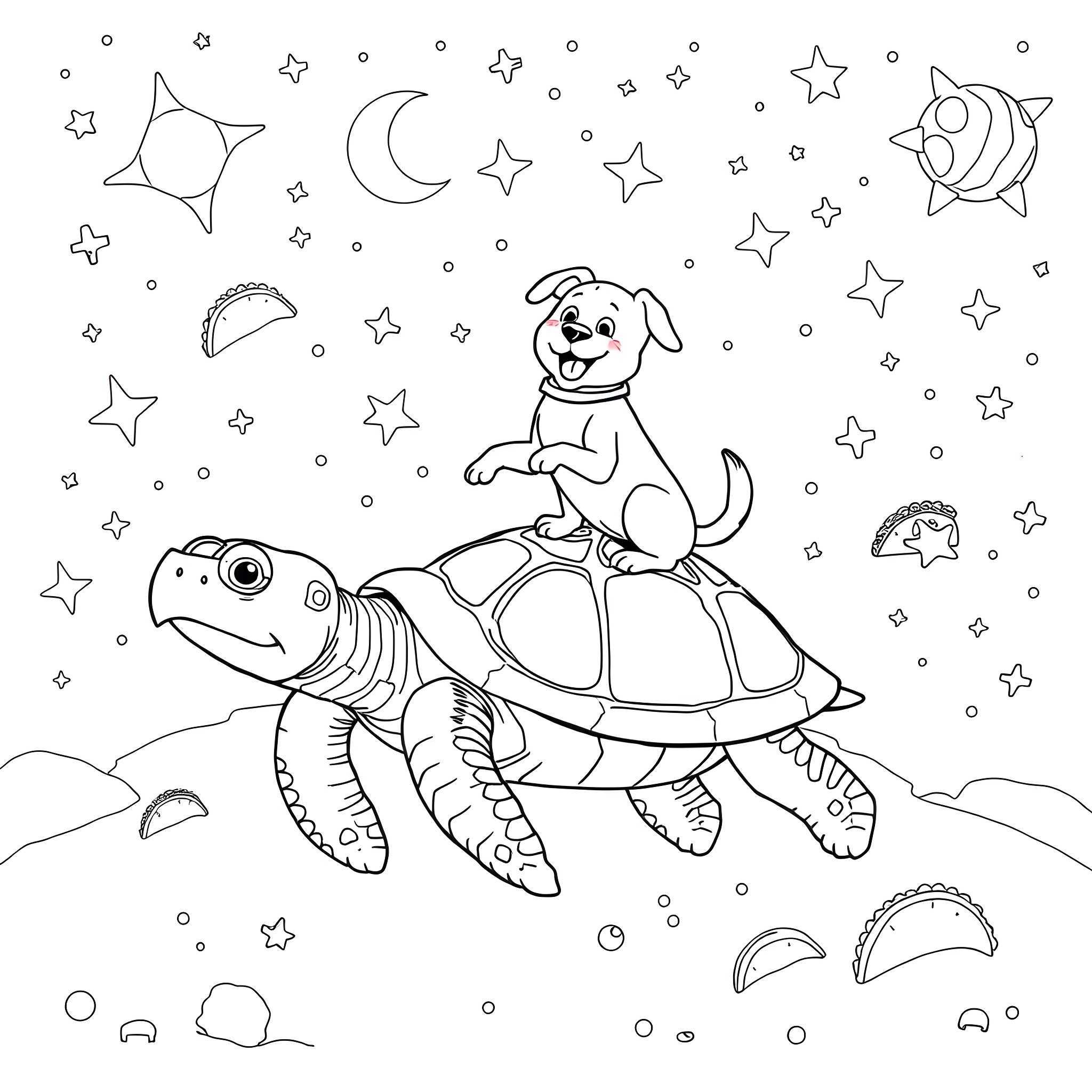 Dog riding a turtle under the starry night Coloring Page (free black-and-white line drawing printable PDF for all, from beginners to advanced learners, including children, teens, adults, and seniors)