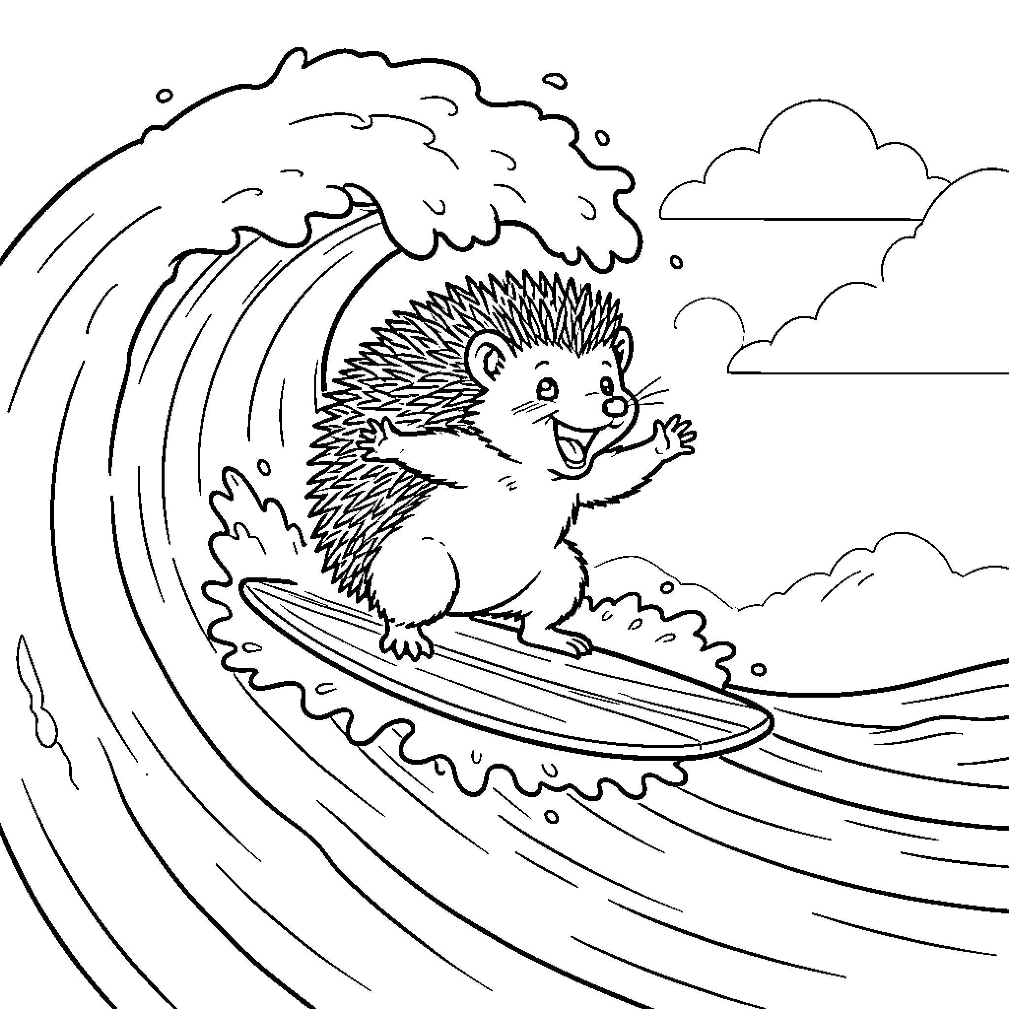Hedgehog surfing joyfully on a large ocean wave Coloring Page (free black-and-white line drawing printable PDF for all, from beginners to advanced learners, including children, teens, adults, and seniors)