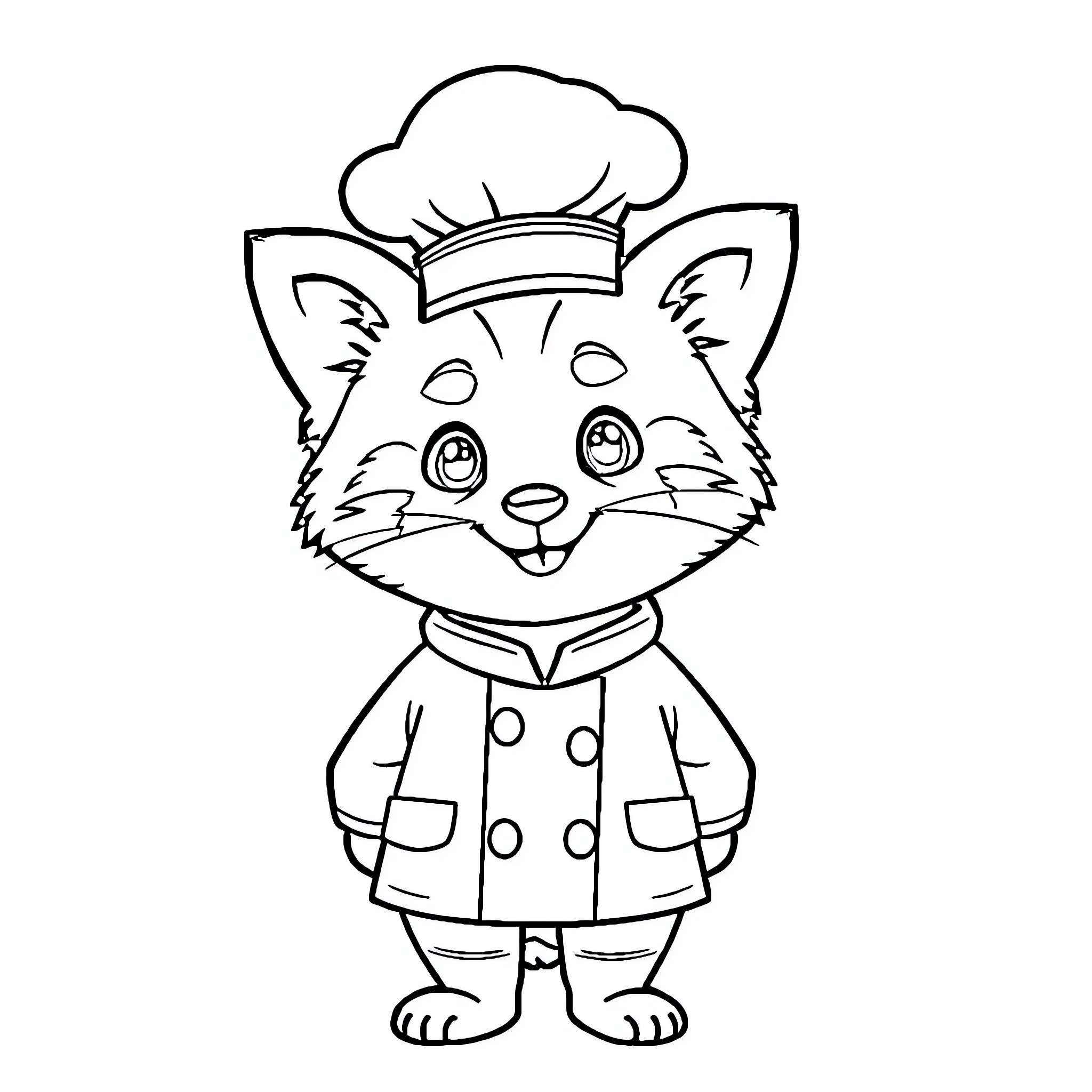 Red Panda chef in uniform cooking happily Coloring Page (free black-and-white line drawing printable PDF for all, from beginners to advanced learners, including children, teens, adults, and seniors)