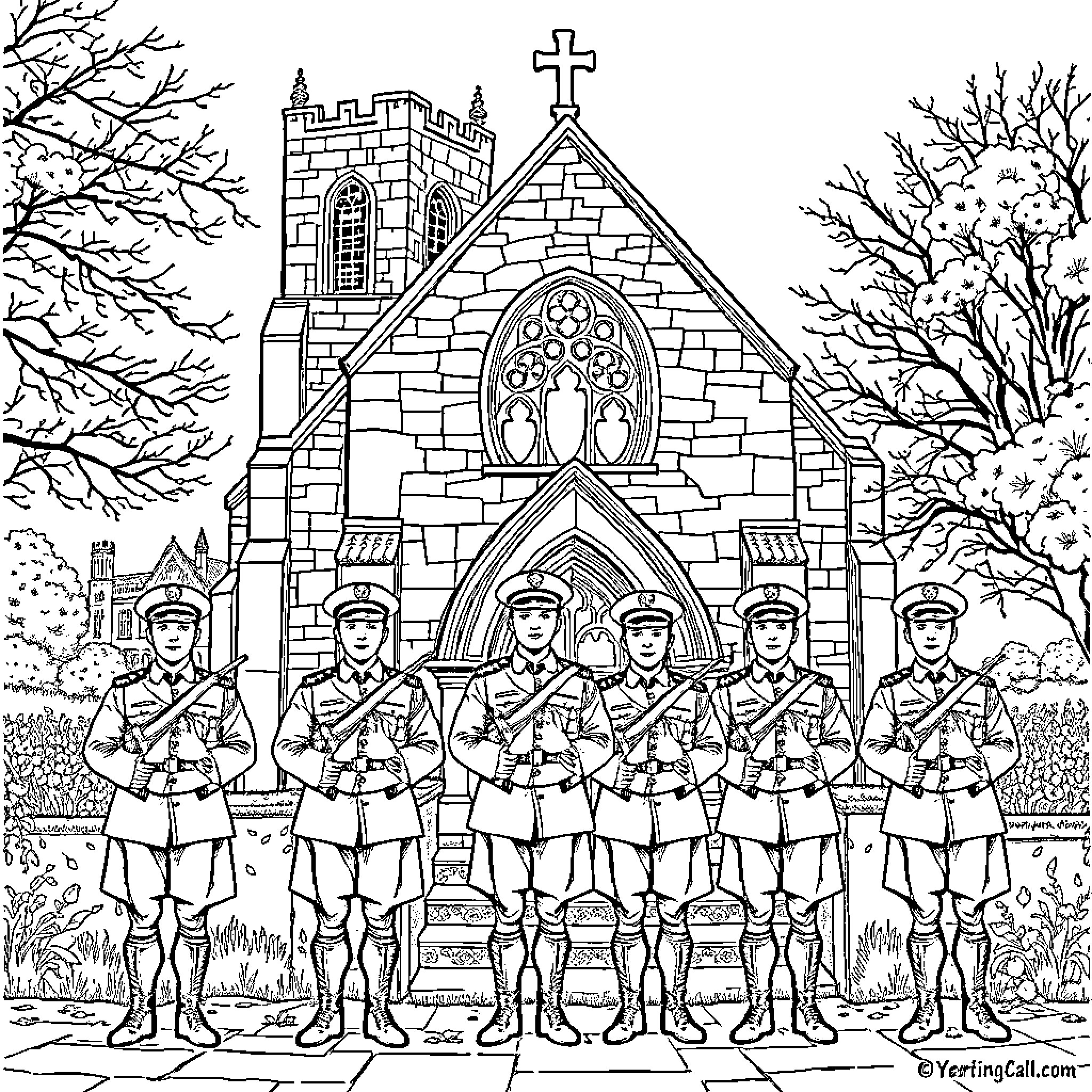 Soldier guards standing in front of ornate church Coloring Page (free black-and-white line drawing printable PDF for all, from beginners to advanced learners, including children, teens, adults, and seniors)