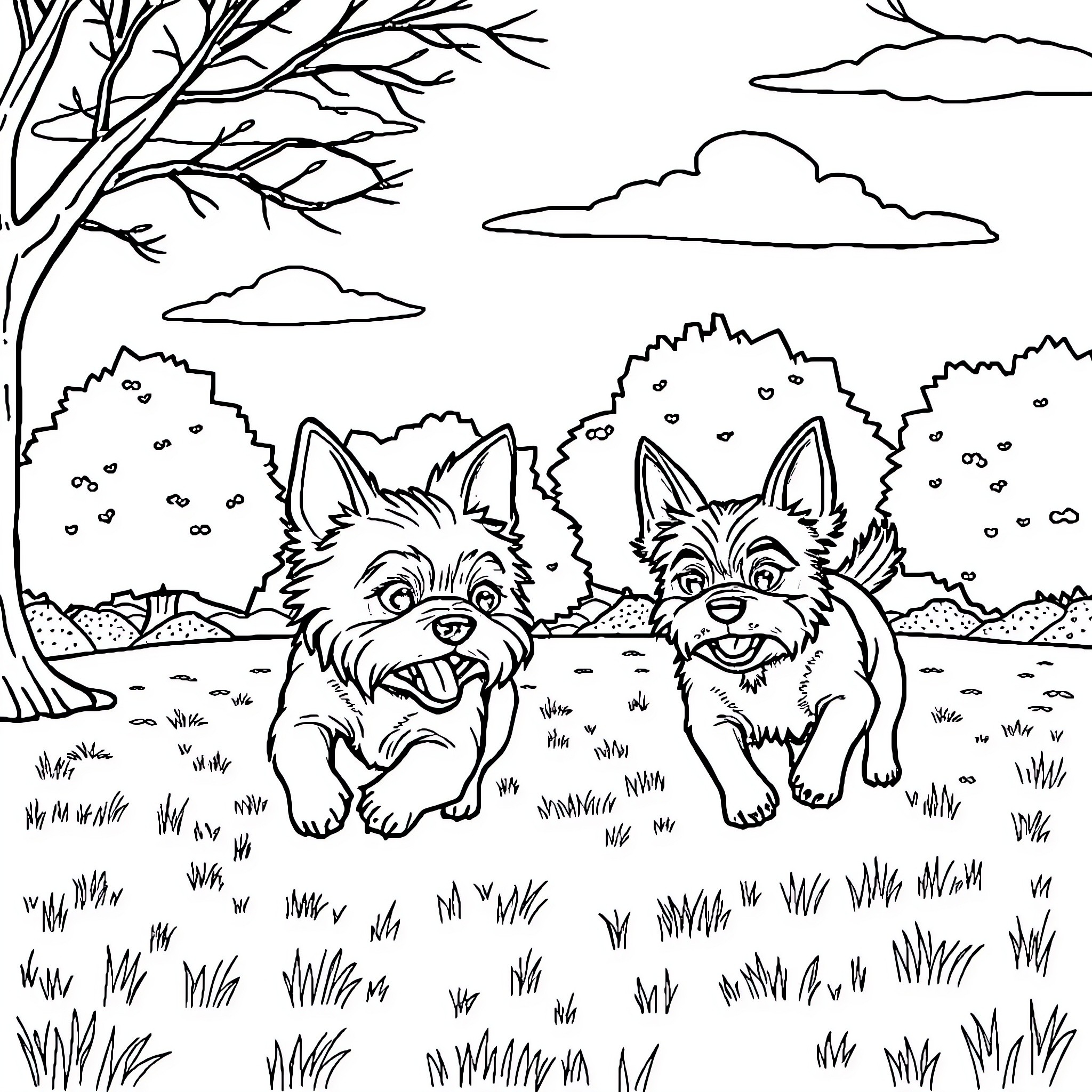 Dogs playing joyfully in a serene outdoor scene Coloring Page (free black-and-white line drawing printable PDF for all, from beginners to advanced learners, including children, teens, adults, and seniors)