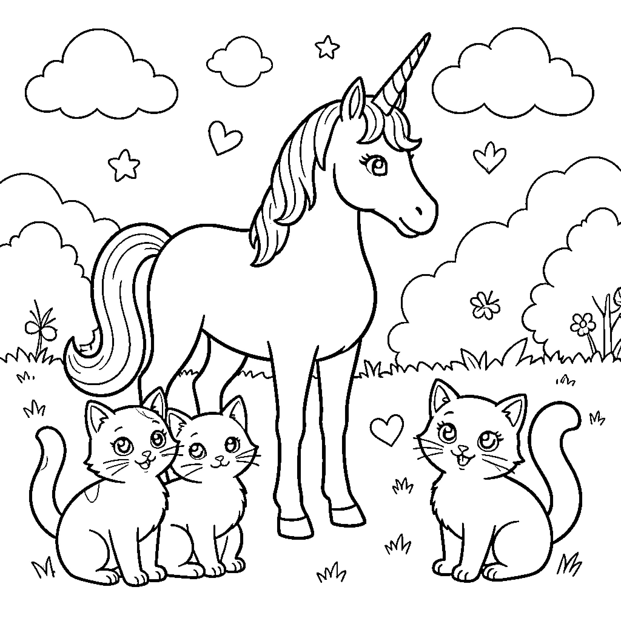 Unicorn standing peacefully with small kittens in a meadow Coloring Page (free black-and-white line drawing printable PDF for all, from beginners to advanced learners, including children, teens, adults, and seniors)