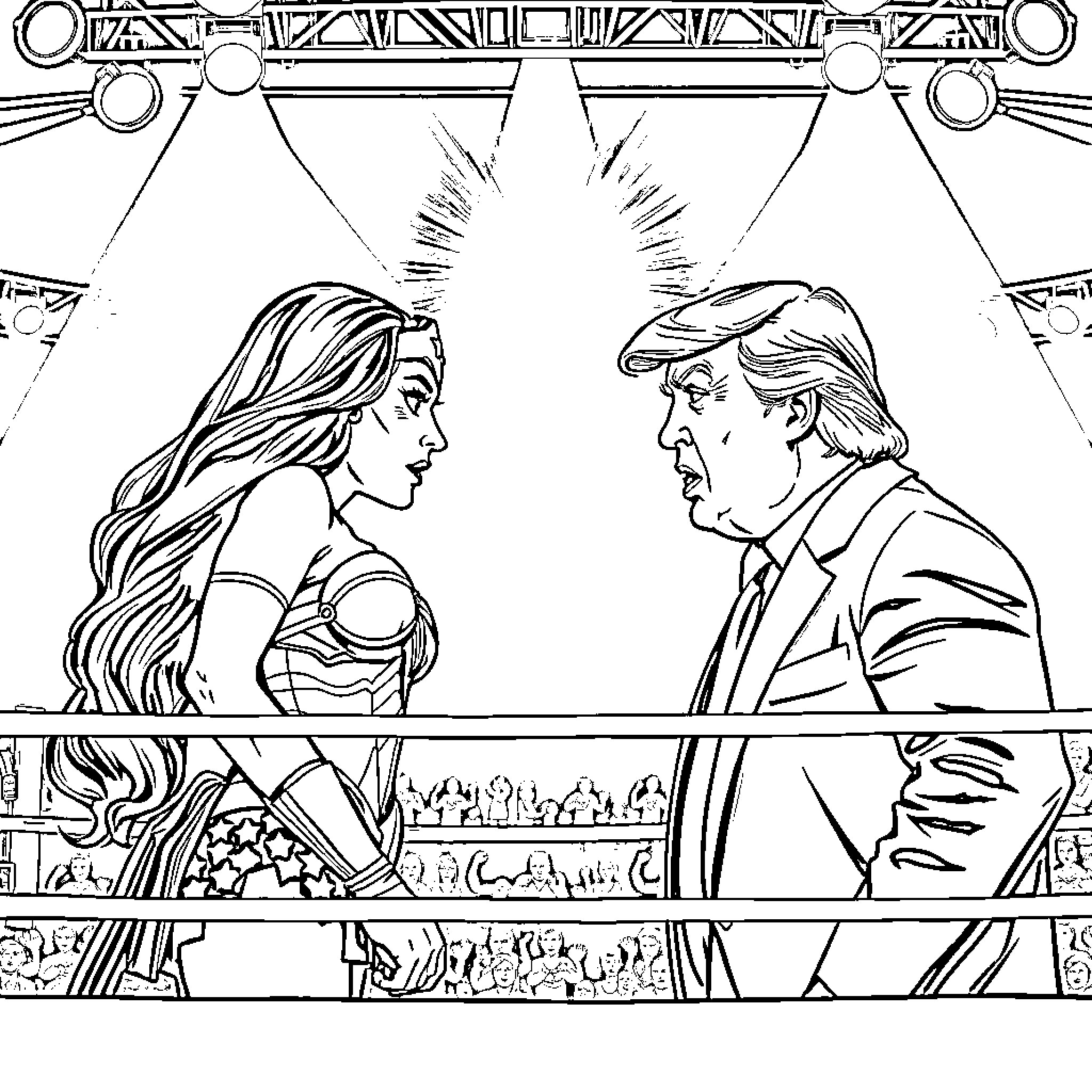 Wonder Woman confronts a powerful man on stage Coloring Page (free black-and-white line drawing printable PDF for all, from beginners to advanced learners, including children, teens, adults, and seniors)