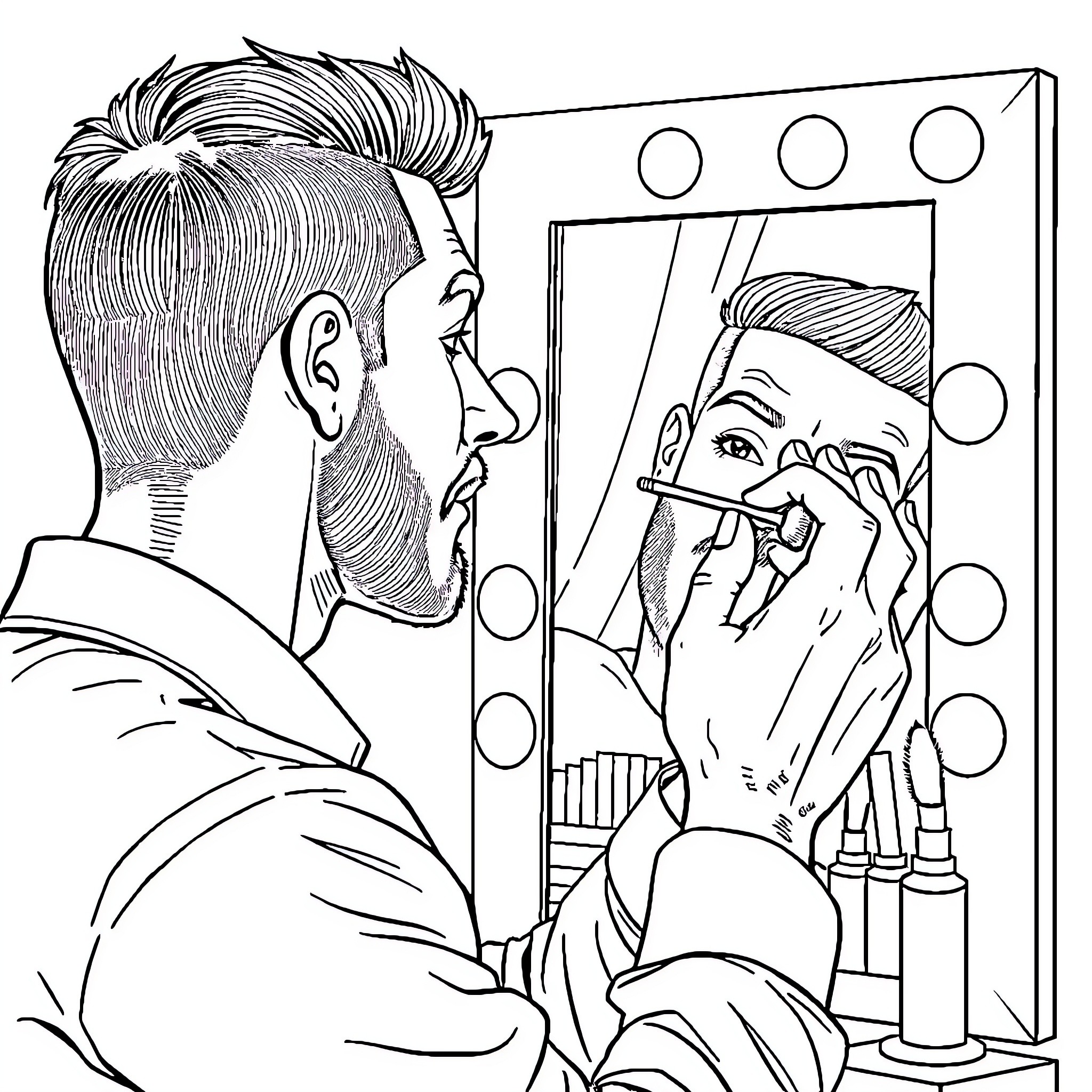 Man adjusting his hairstyle in front of mirror Coloring Page (free black-and-white line drawing printable PDF for all, from beginners to advanced learners, including children, teens, adults, and seniors)