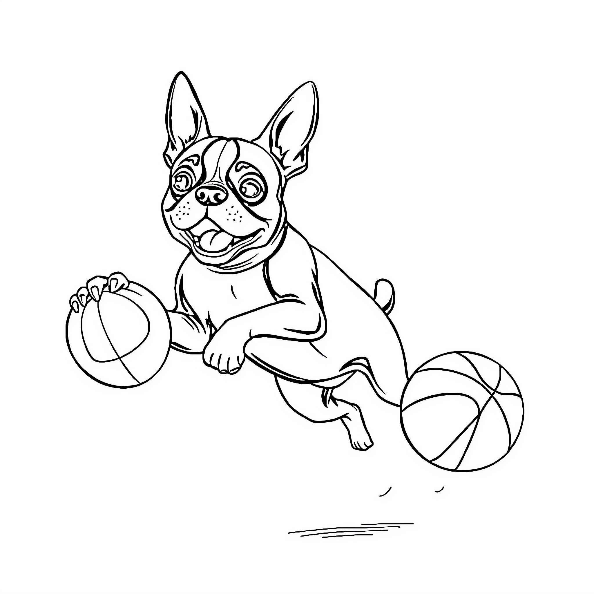 Boston Terrier playing with toys Coloring Page (free black-and-white line drawing printable PDF for all, from beginners to advanced learners, including children, teens, adults, and seniors)