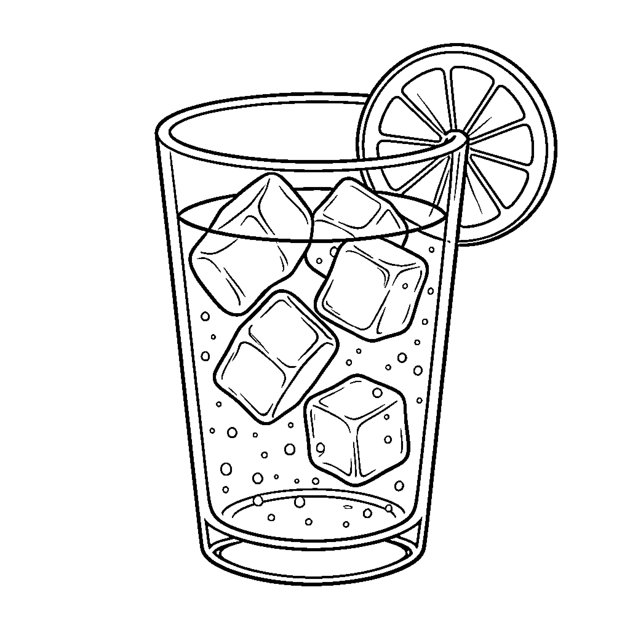 Lemonade served in a glass with ice cubes Coloring Page (free black-and-white line drawing printable PDF for all, from beginners to advanced learners, including children, teens, adults, and seniors)