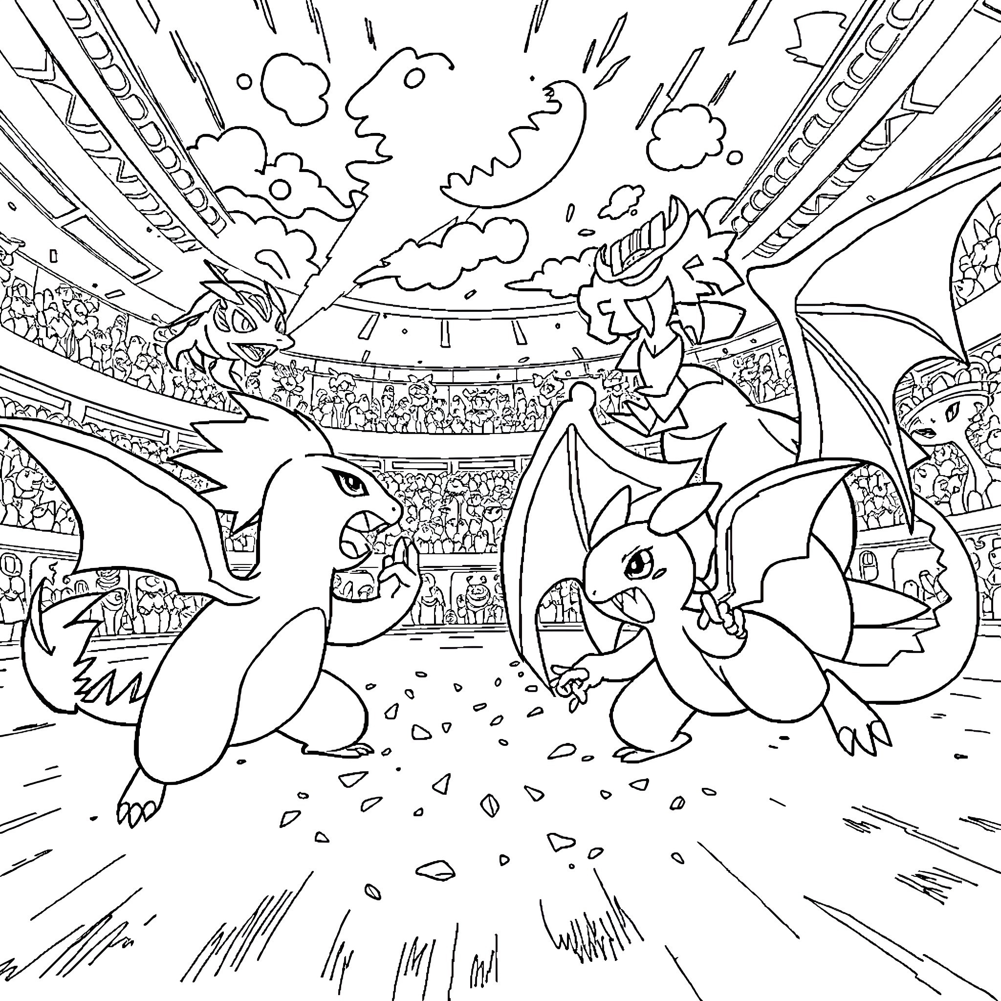 Pokémon Battle in the Stadium Coloring Page (free black-and-white line drawing printable PDF for all, from beginners to advanced learners, including children, teens, adults, and seniors)