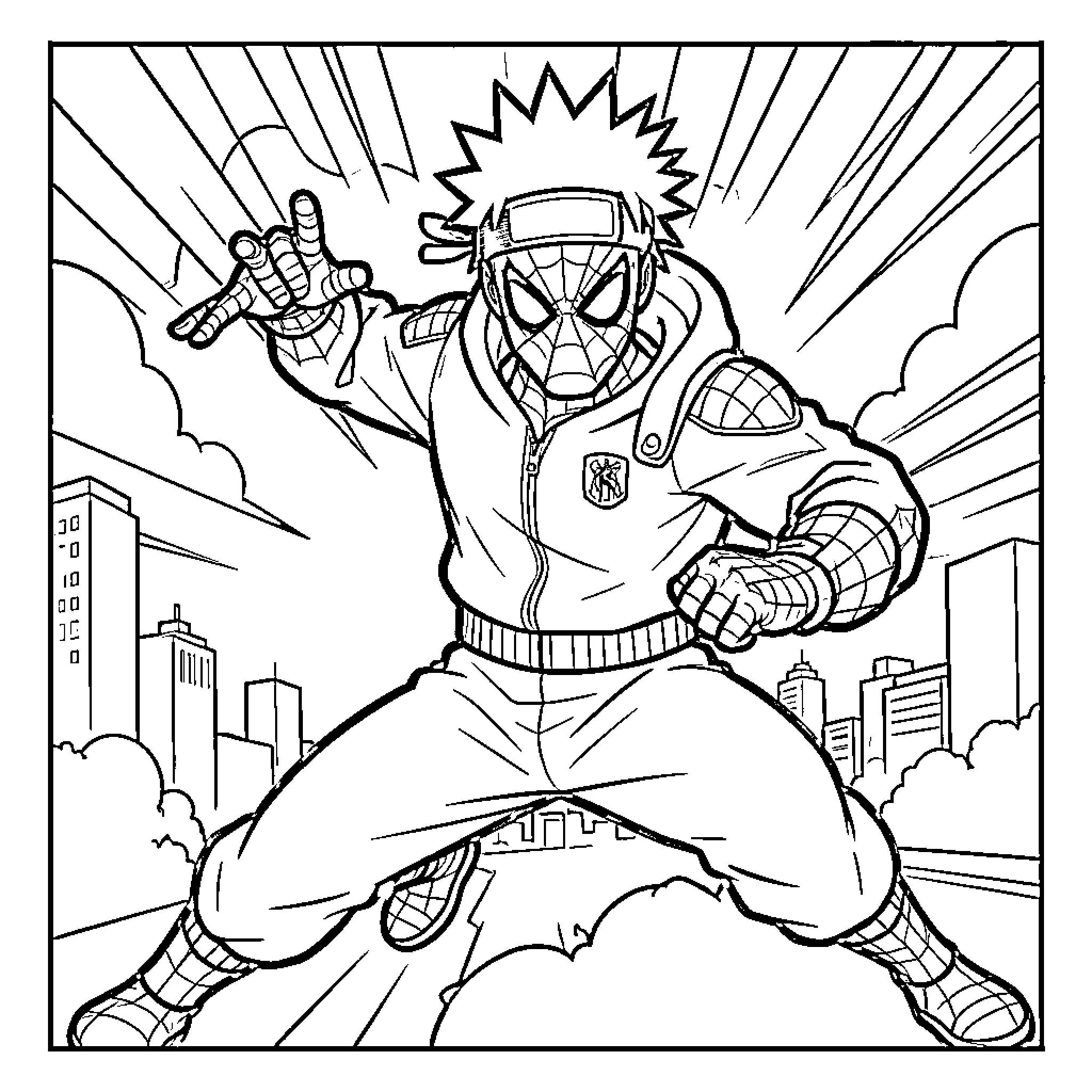 Spider-Man in action pose over city skyline Coloring Page (free black-and-white line drawing printable PDF for all, from beginners to advanced learners, including children, teens, adults, and seniors)