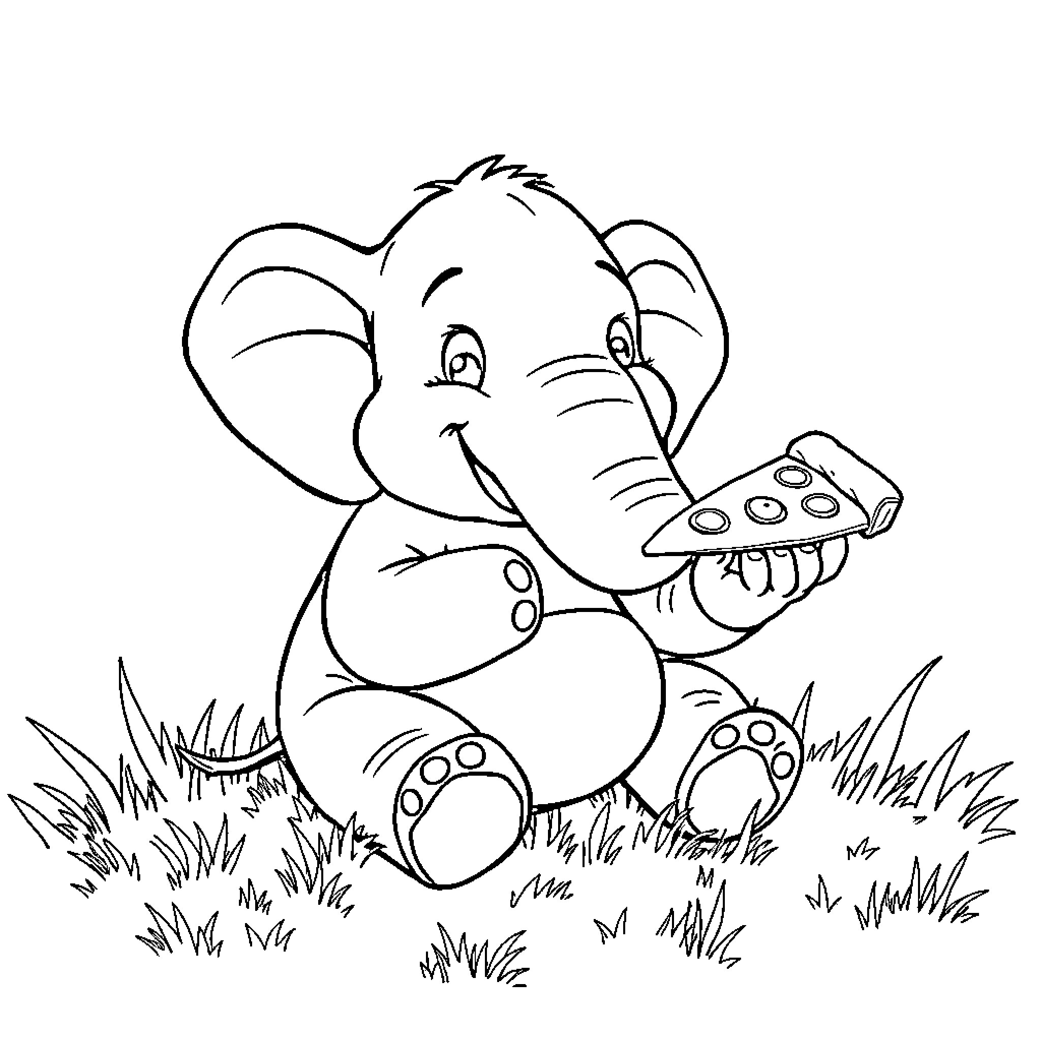 Elephant playing with toys in the grass Coloring Page (free black-and-white line drawing printable PDF for all, from beginners to advanced learners, including children, teens, adults, and seniors)