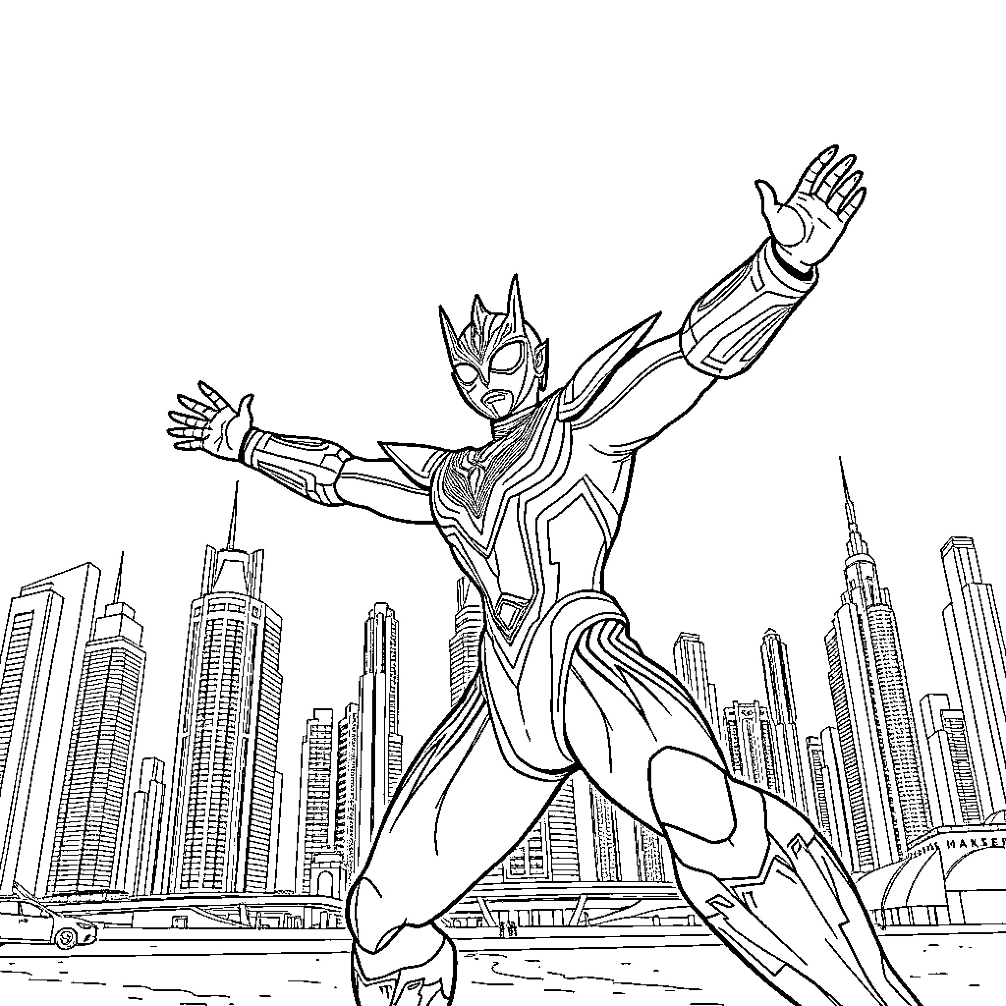 Ultraman Soaring Over Futuristic Cityscape Coloring Page (free black-and-white line drawing printable PDF for all, from beginners to advanced learners, including children, teens, adults, and seniors)