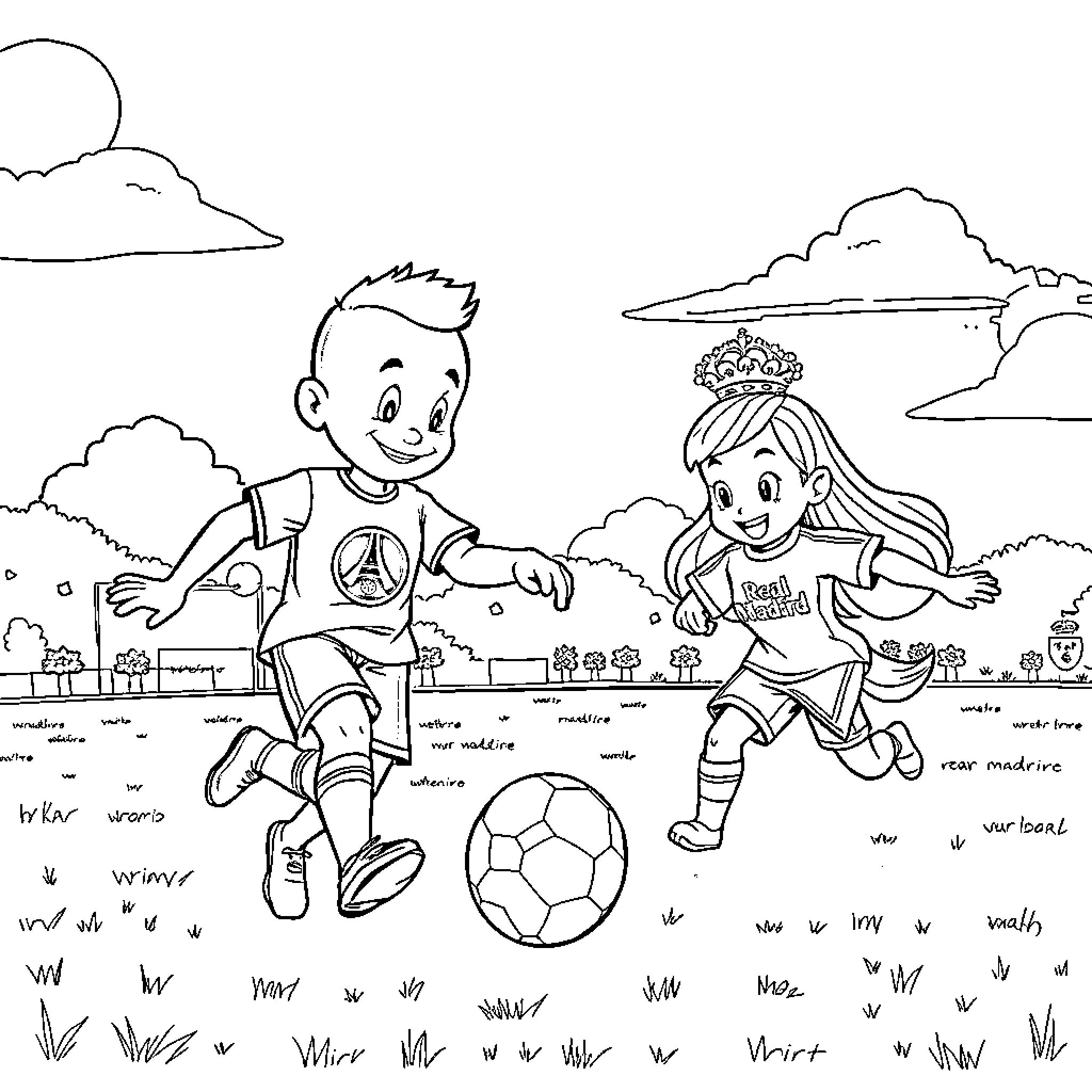 Bluey and Friends Enjoy a Soccer Game Coloring Page (free black-and-white line drawing printable PDF for all, from beginners to advanced learners, including children, teens, adults, and seniors)