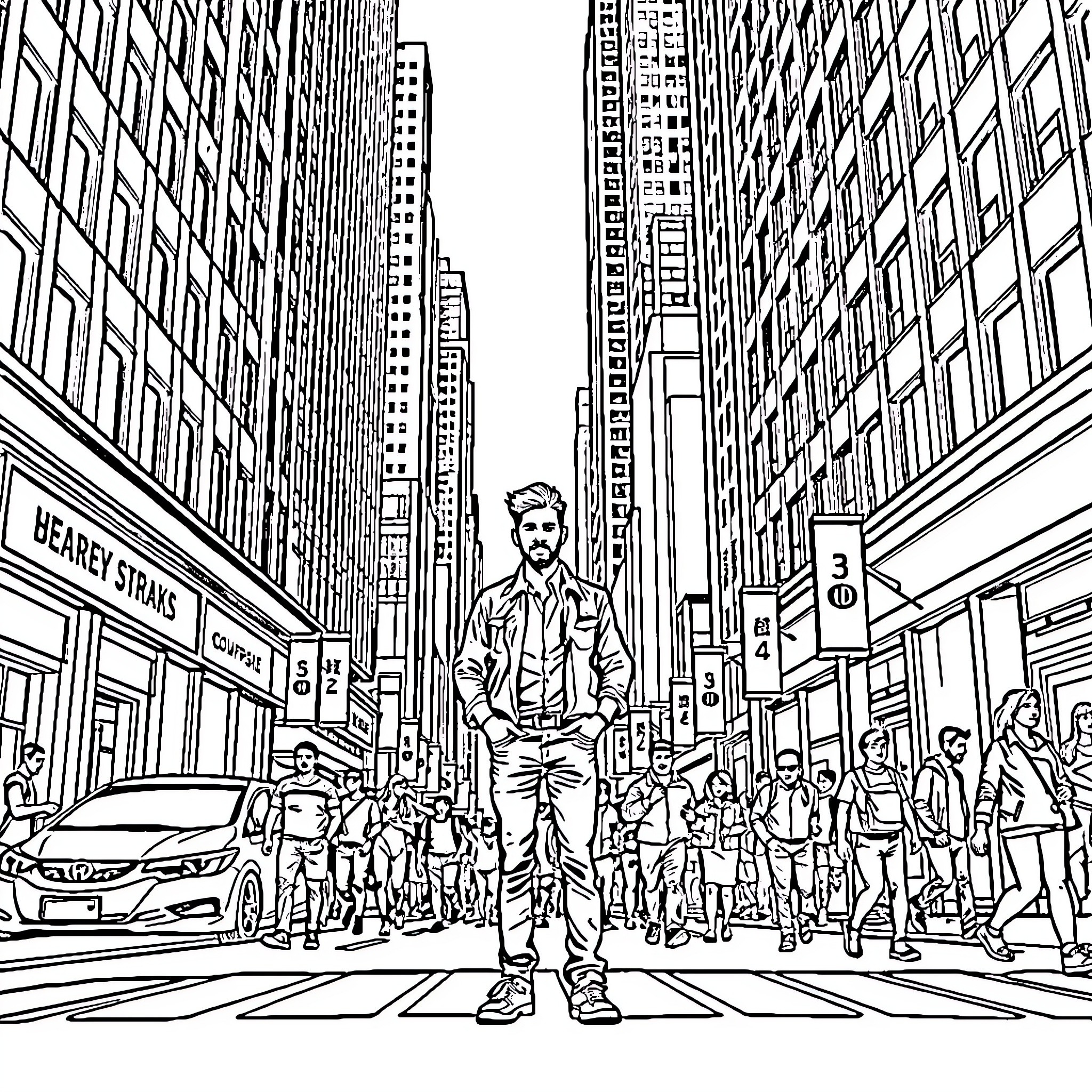 Guy standing confidently in a busy city street Coloring Page (free black-and-white line drawing printable PDF for all, from beginners to advanced learners, including children, teens, adults, and seniors)