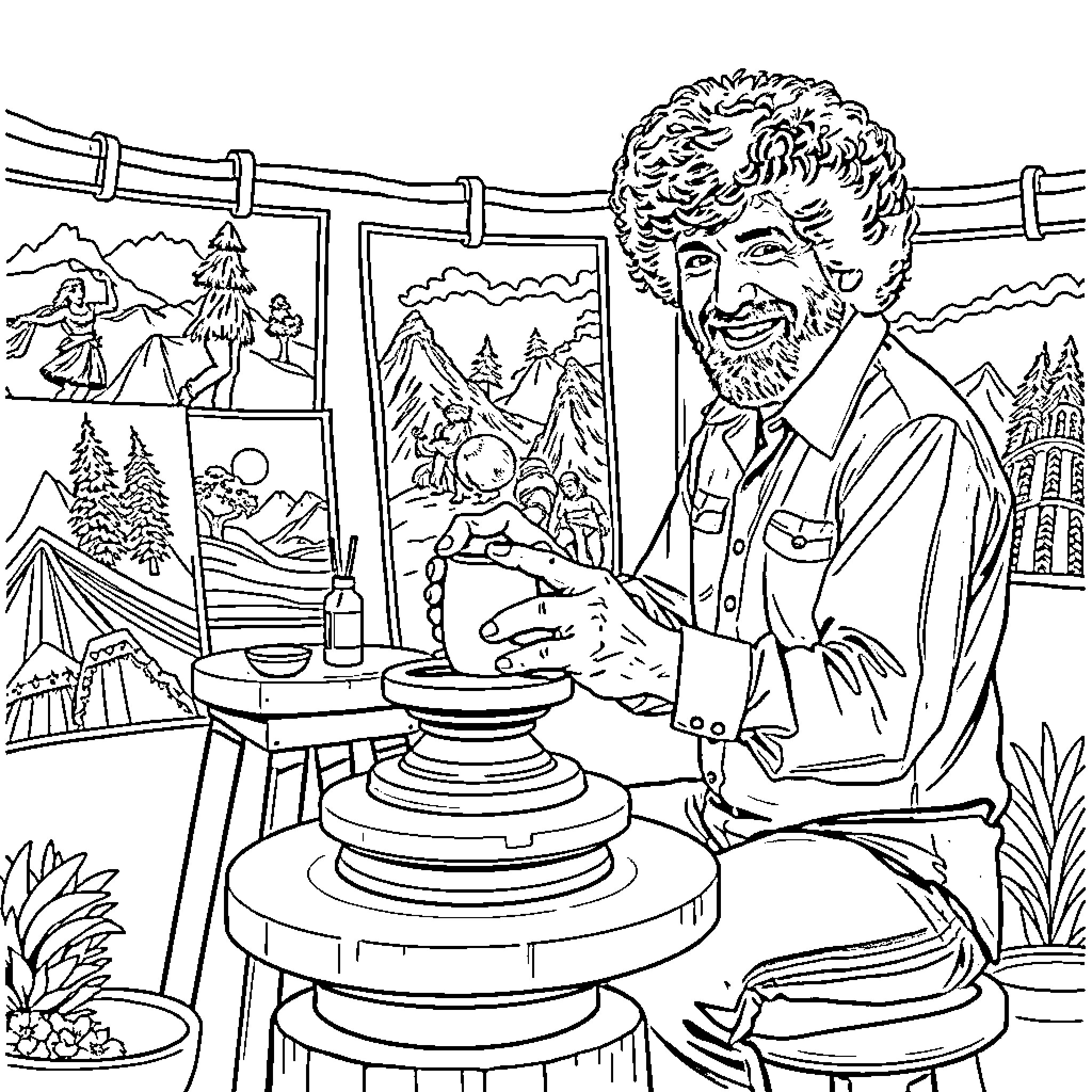 Bob Ross painting a scenic landscape in his studio Coloring Page (free black-and-white line drawing printable PDF for all, from beginners to advanced learners, including children, teens, adults, and seniors)