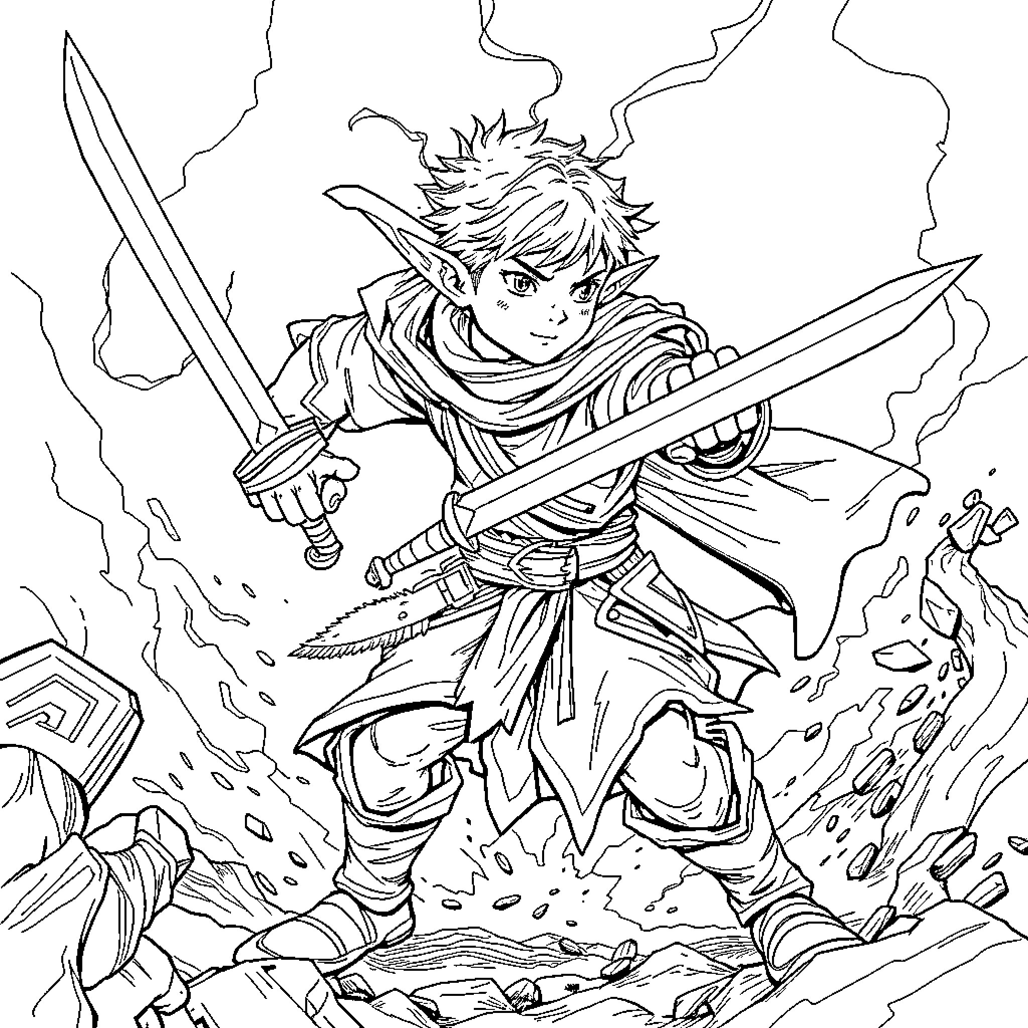 Halfling warrior wielding dual swords in battle Coloring Page (free black-and-white line drawing printable PDF for all, from beginners to advanced learners, including children, teens, adults, and seniors)