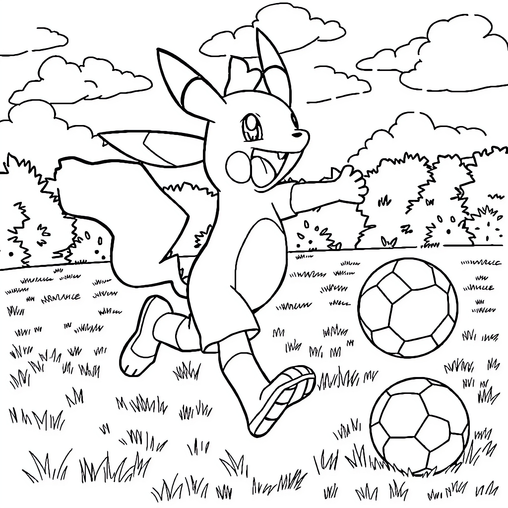 Pokémon playing with soccer balls in the field Coloring Page (free black-and-white line drawing printable PDF for all, from beginners to advanced learners, including children, teens, adults, and seniors)
