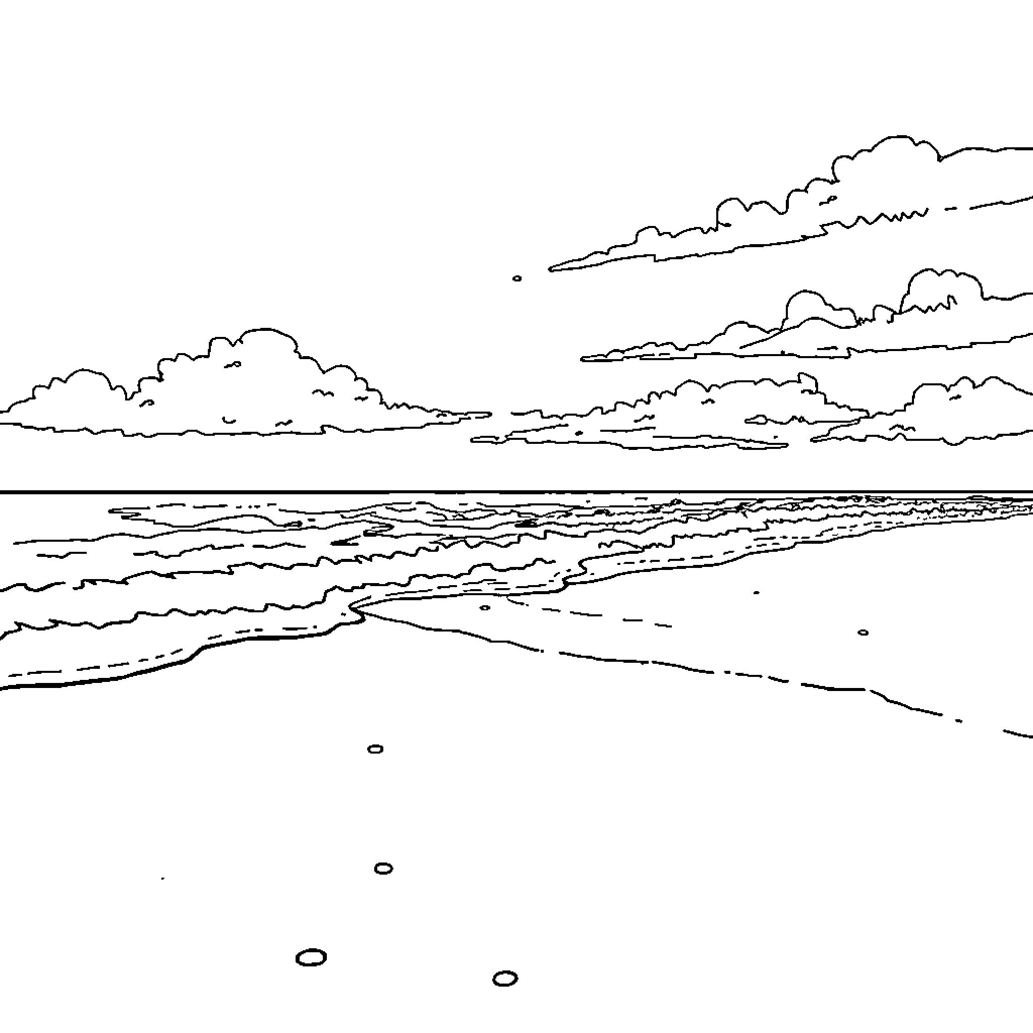 Beach scene with cloudy sky and waves Coloring Page (free black-and-white line drawing printable PDF for all, from beginners to advanced learners, including children, teens, adults, and seniors)