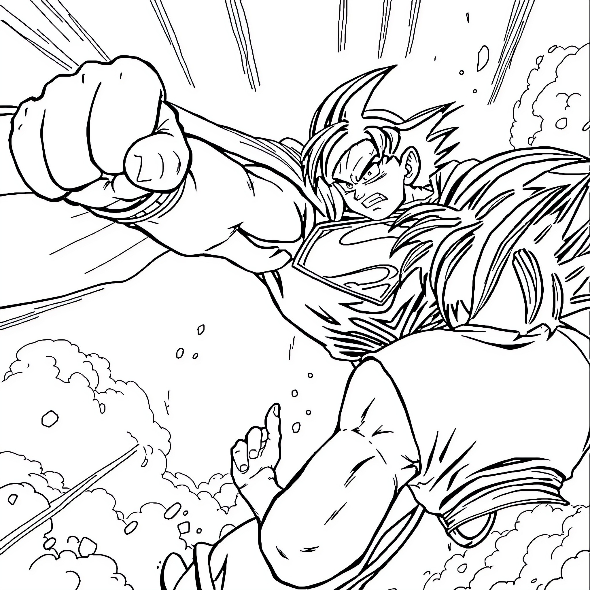 Superman-like hero in intense battle scene Coloring Page (free black-and-white line drawing printable PDF for all, from beginners to advanced learners, including children, teens, adults, and seniors)