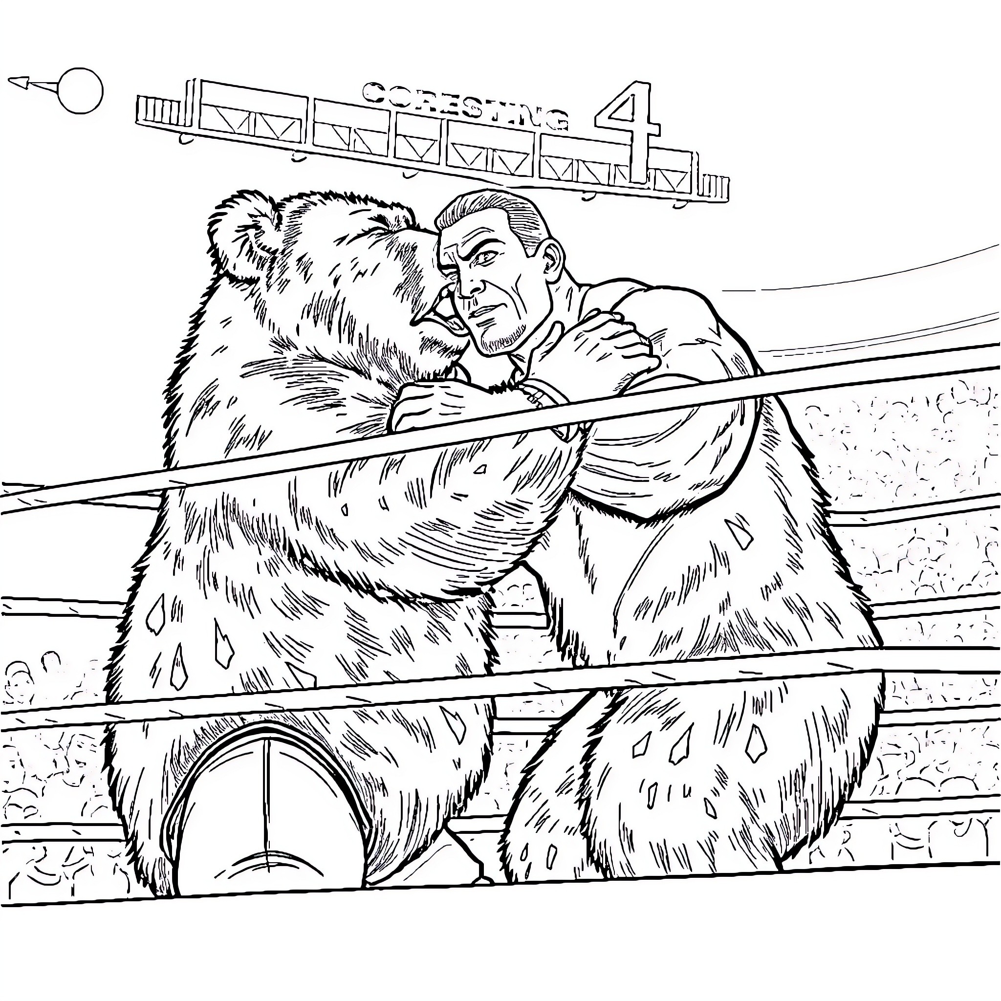 John Cena grappling with a grizzly bear in a wrestling ring Coloring Page (free black-and-white line drawing printable PDF for all, from beginners to advanced learners, including children, teens, adults, and seniors)