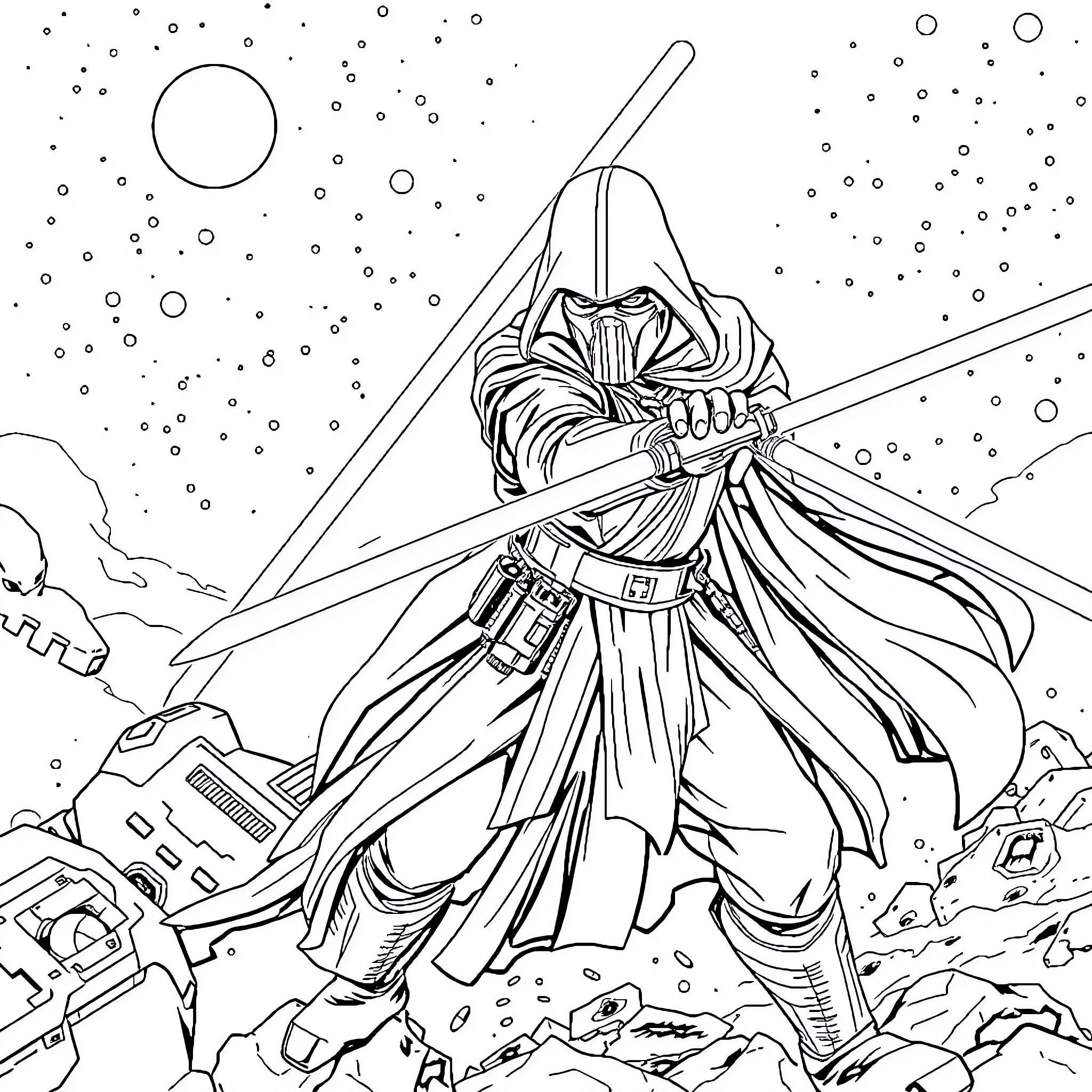 Soldado in Galactic Battleground Coloring Page (free black-and-white line drawing printable PDF for all, from beginners to advanced learners, including children, teens, adults, and seniors)