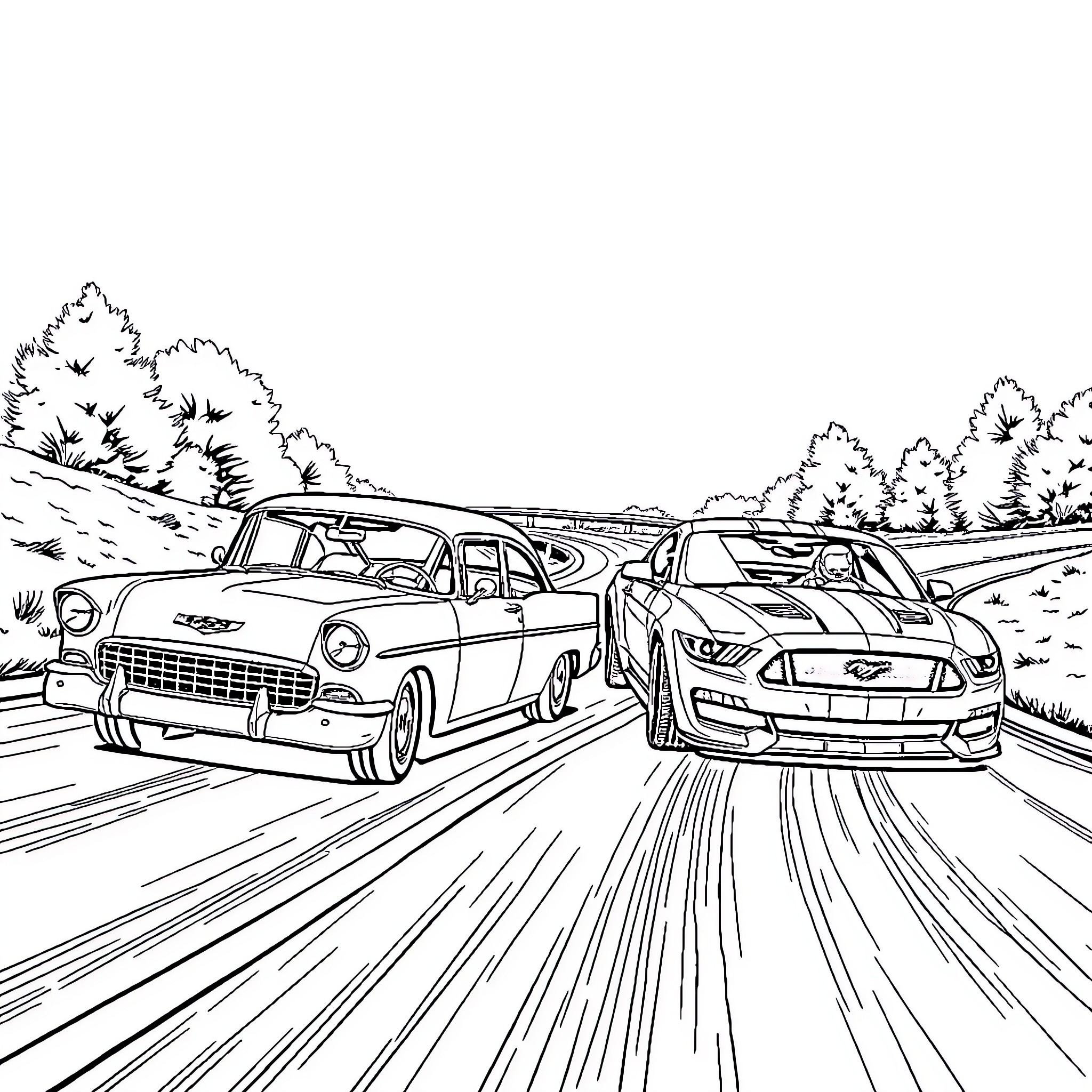 Car Race on Winding Road in Countryside Coloring Page (free black-and-white line drawing printable PDF for all, from beginners to advanced learners, including children, teens, adults, and seniors)