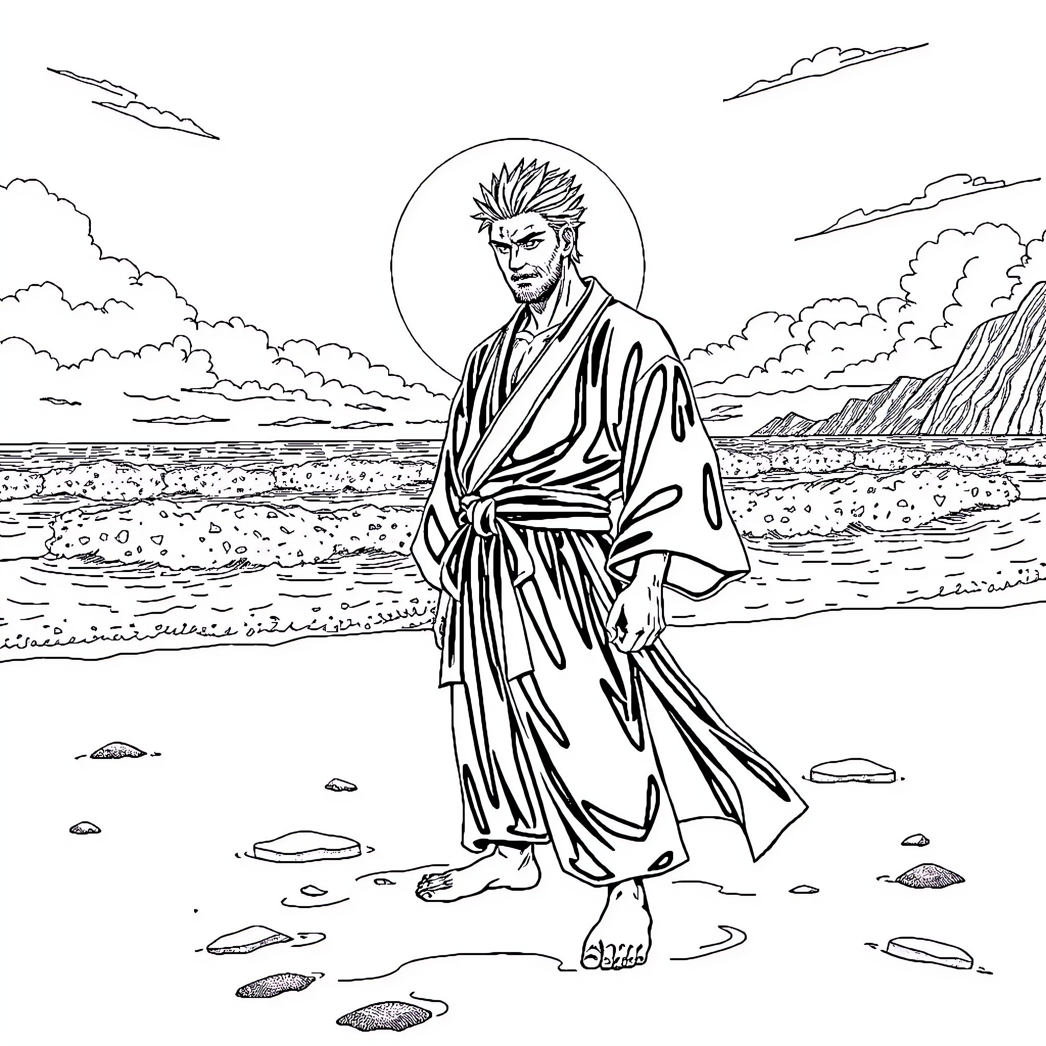 Gojo standing resolute in a tranquil landscape Coloring Page (free black-and-white line drawing printable PDF for all, from beginners to advanced learners, including children, teens, adults, and seniors)