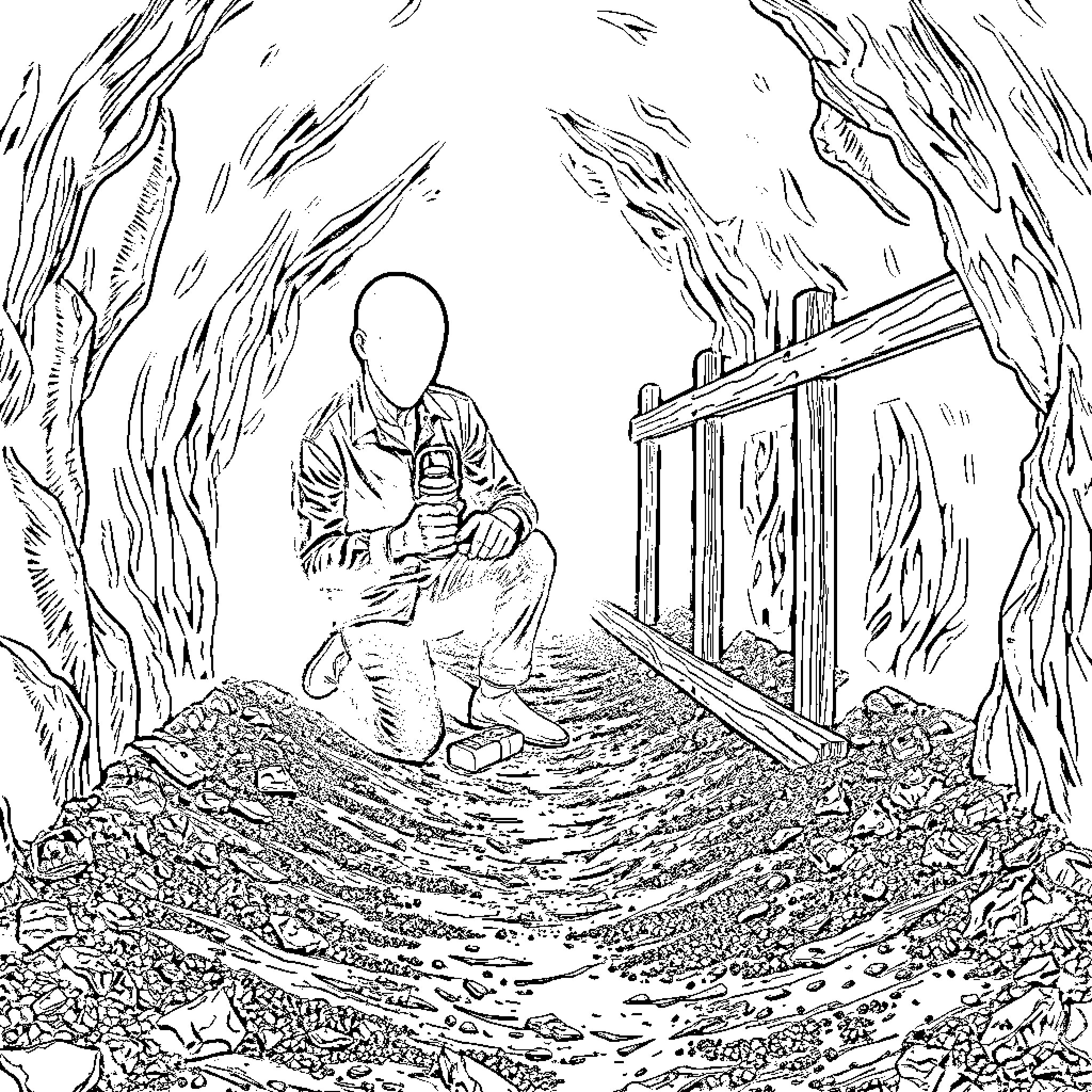 Mannequin in a mystical forest landscape Coloring Page (free black-and-white line drawing printable PDF for all, from beginners to advanced learners, including children, teens, adults, and seniors)