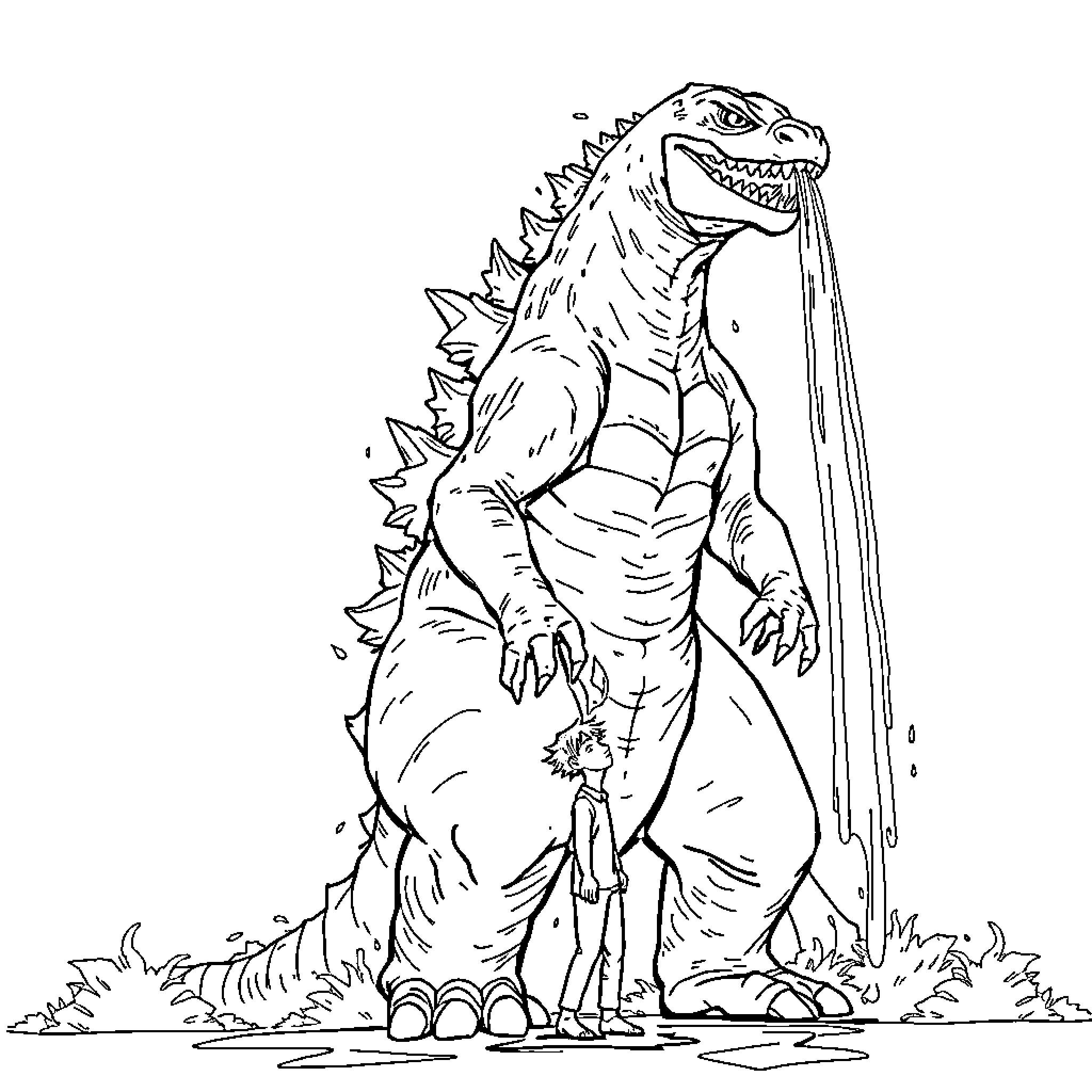 Godzilla towering over a tiny person Coloring Page (free black-and-white line drawing printable PDF for all, from beginners to advanced learners, including children, teens, adults, and seniors)