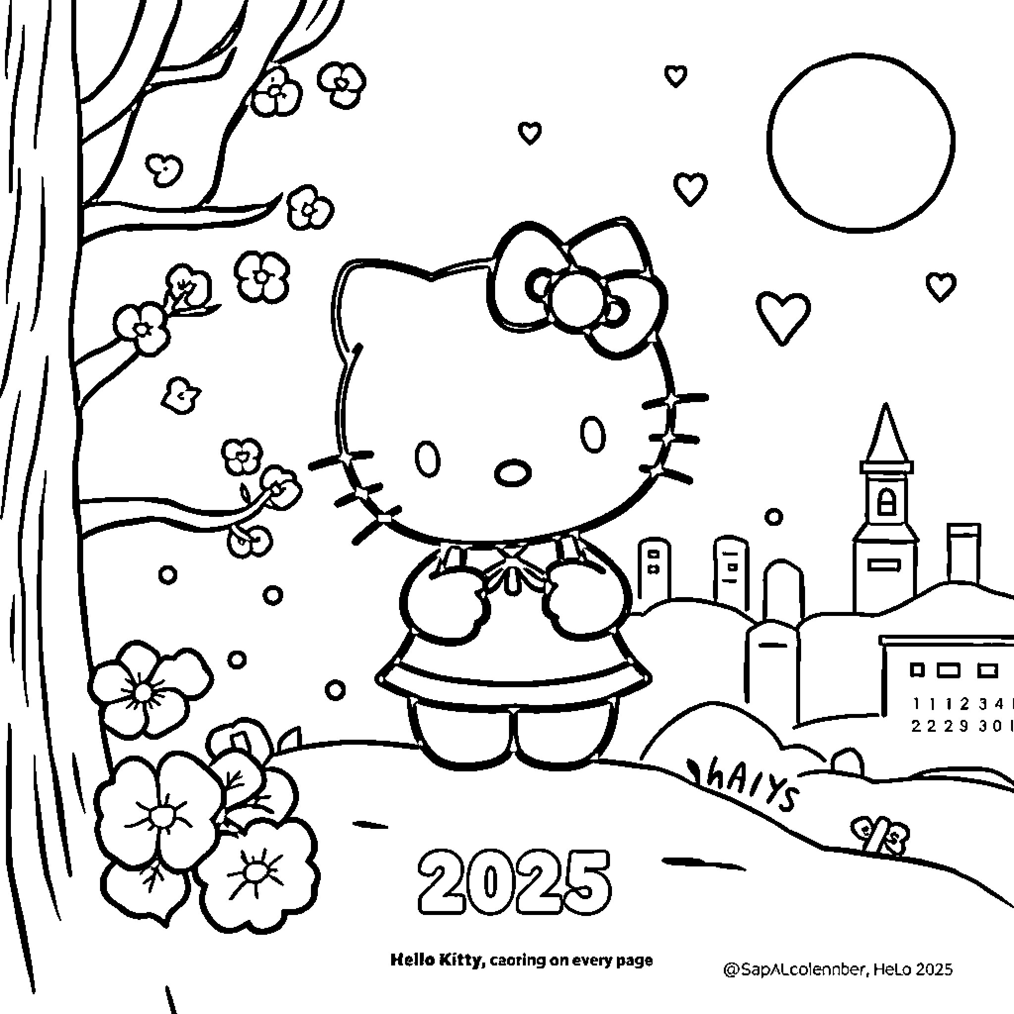 Hello Kitty welcoming the new year 2025 Coloring Page (free black-and-white line drawing printable PDF for all, from beginners to advanced learners, including children, teens, adults, and seniors)