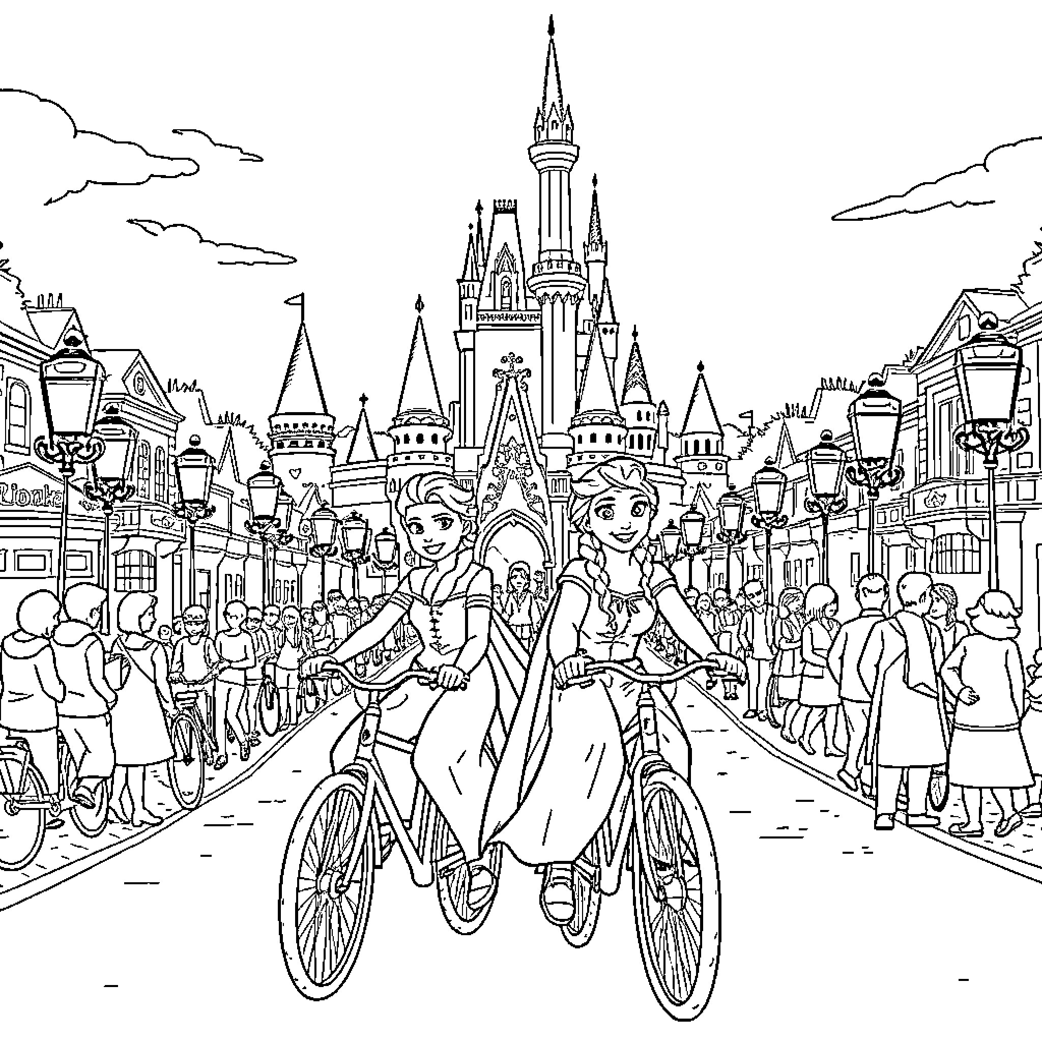 Frozen characters exploring a whimsical kingdom on bicycles Coloring Page (free black-and-white line drawing printable PDF for all, from beginners to advanced learners, including children, teens, adults, and seniors)