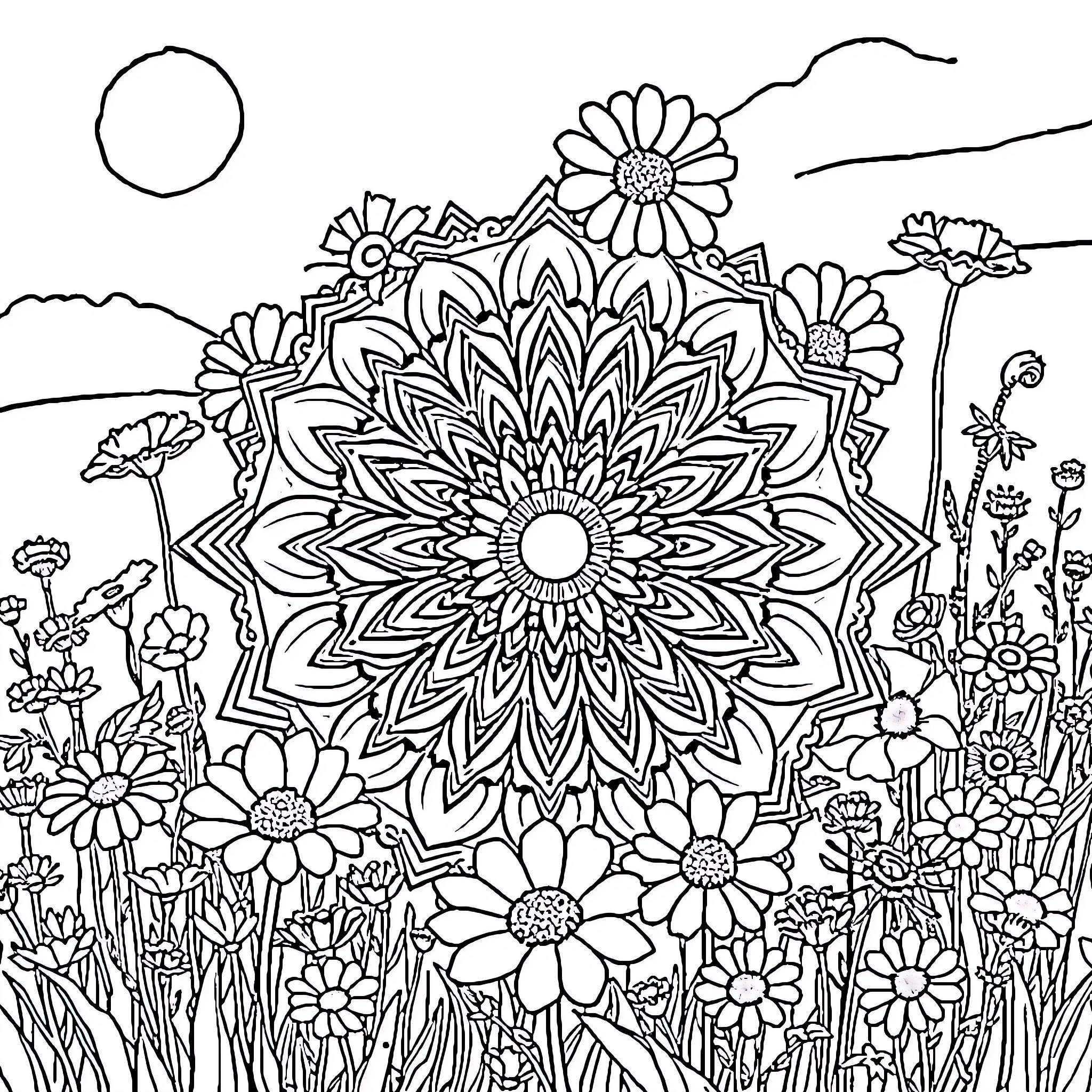 Mandala Flower Garden in Nature Coloring Page (free black-and-white line drawing printable PDF for all, from beginners to advanced learners, including children, teens, adults, and seniors)