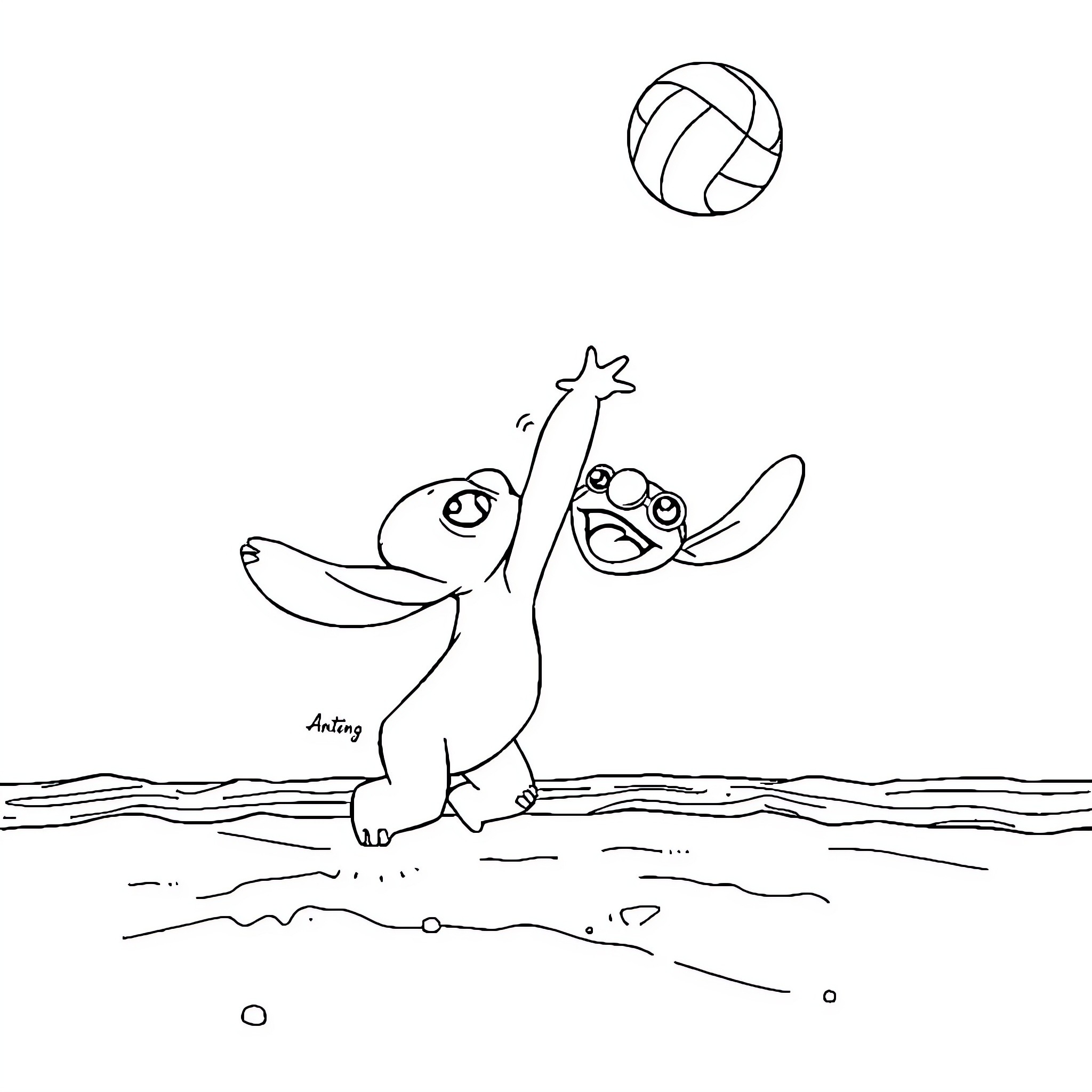 Stitch playing volleyball on the beach Coloring Page (free black-and-white line drawing printable PDF for all, from beginners to advanced learners, including children, teens, adults, and seniors)